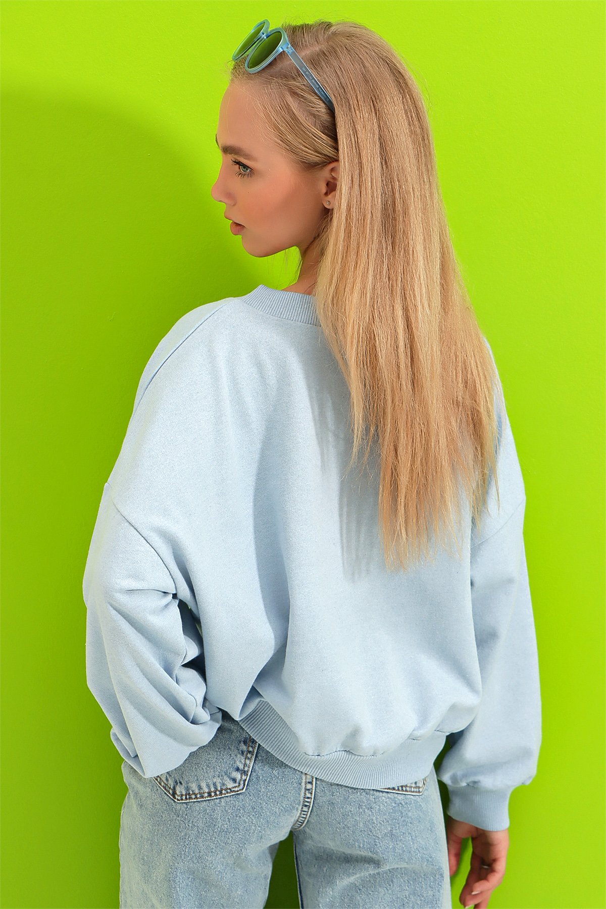 Önü Bağcıklı Oversıze Sweatshirt - Mavi