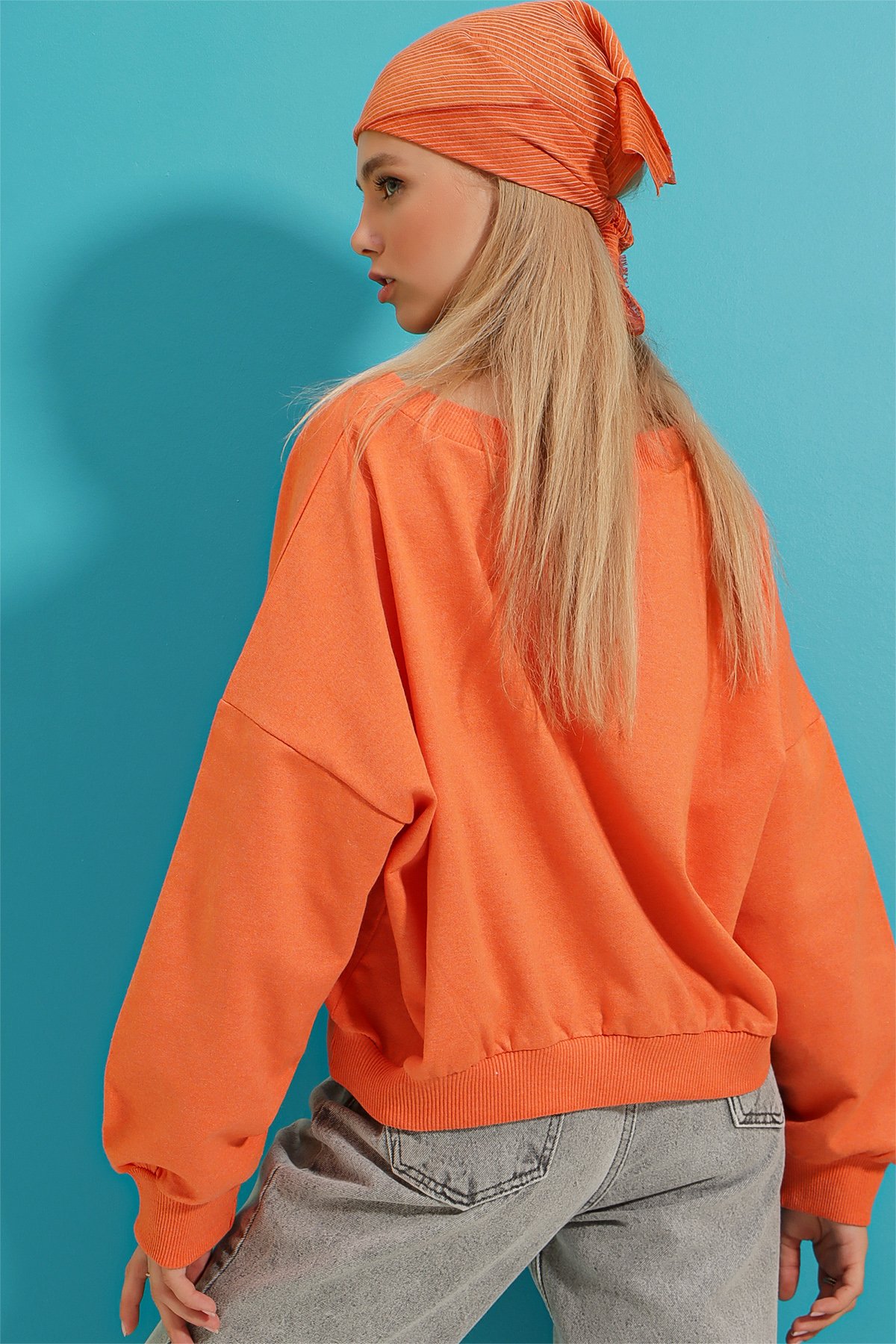 Önü Bağcıklı Oversıze Sweatshirt - Turuncu