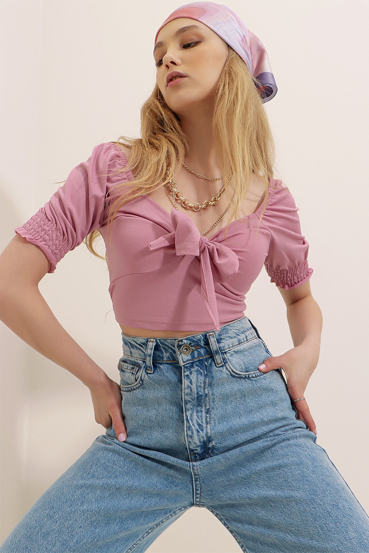 Önü Bağlamalı Karpuz Kol Krep Örme Crop Bluz - Pembe