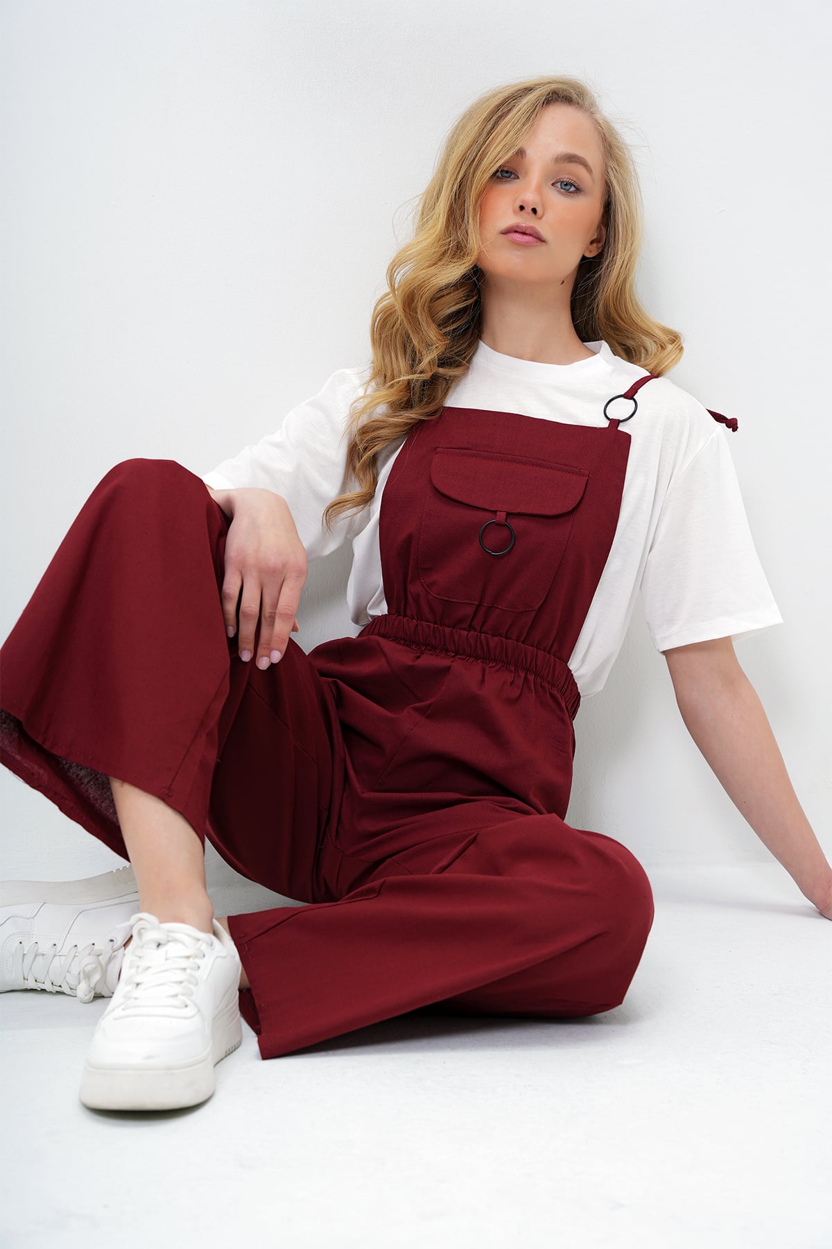 ÖNÜ CEPLİ ASKILI HALKA DETAYLI AEROBİN SALOPET PANTOLON - BORDO