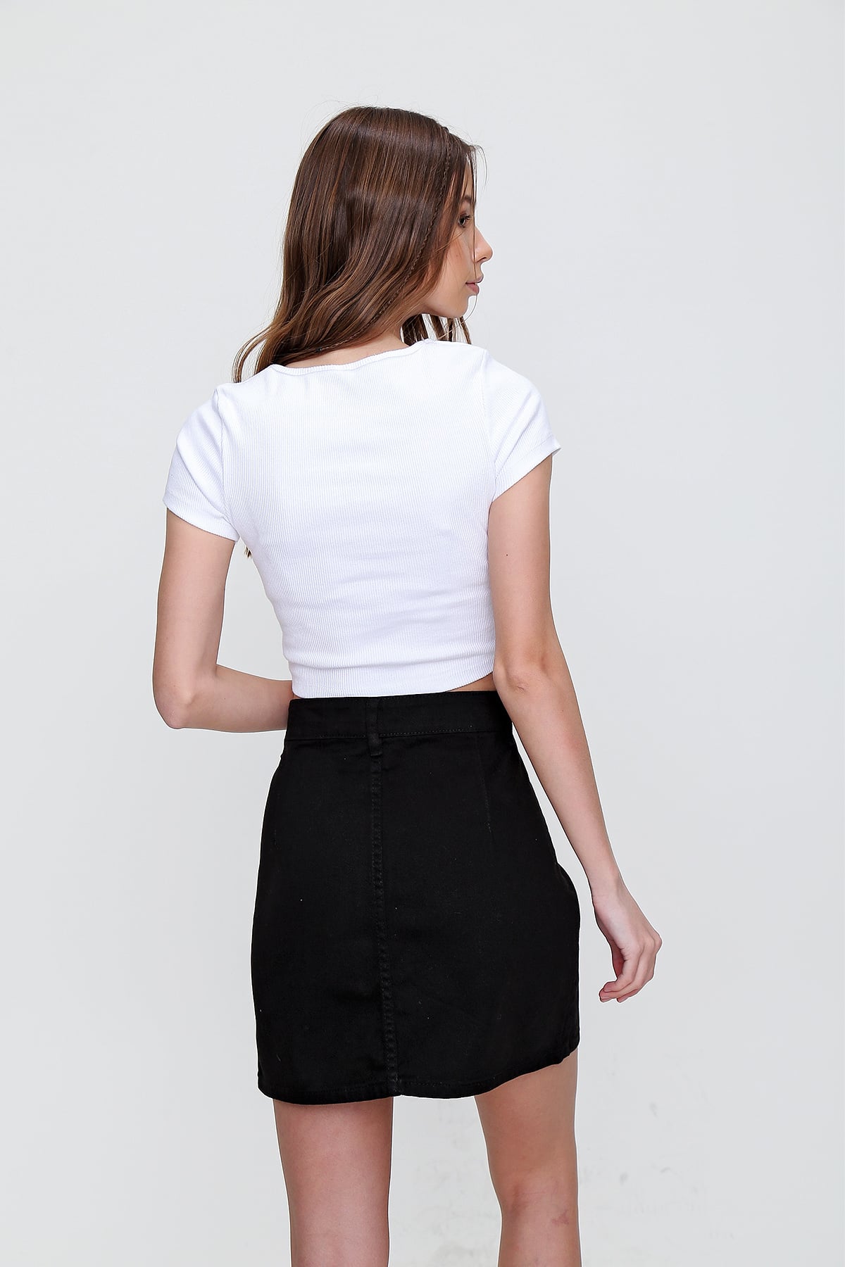 Önü Düğmeli Jean Etek - Siyah