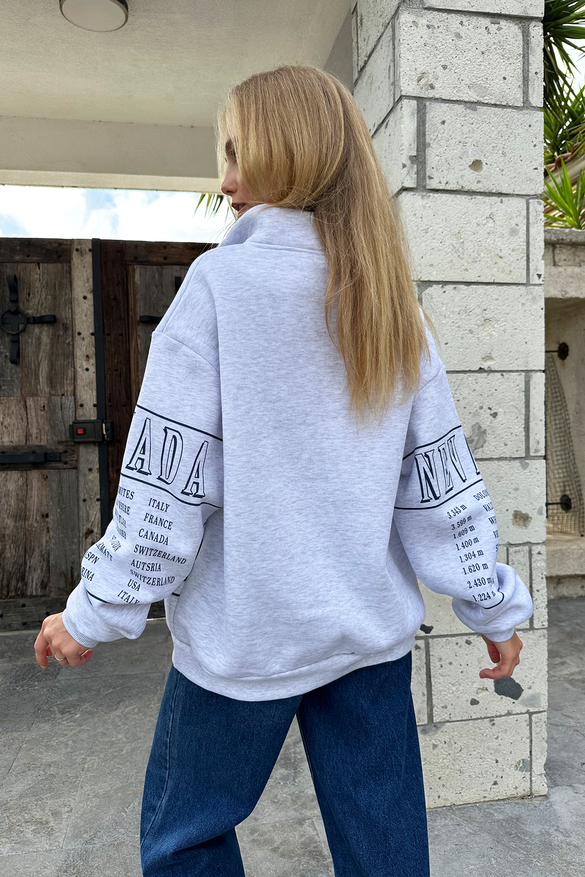 Önü Fermuarlı 3 İplik Baskılı Oversize Sweatshirt - Gri