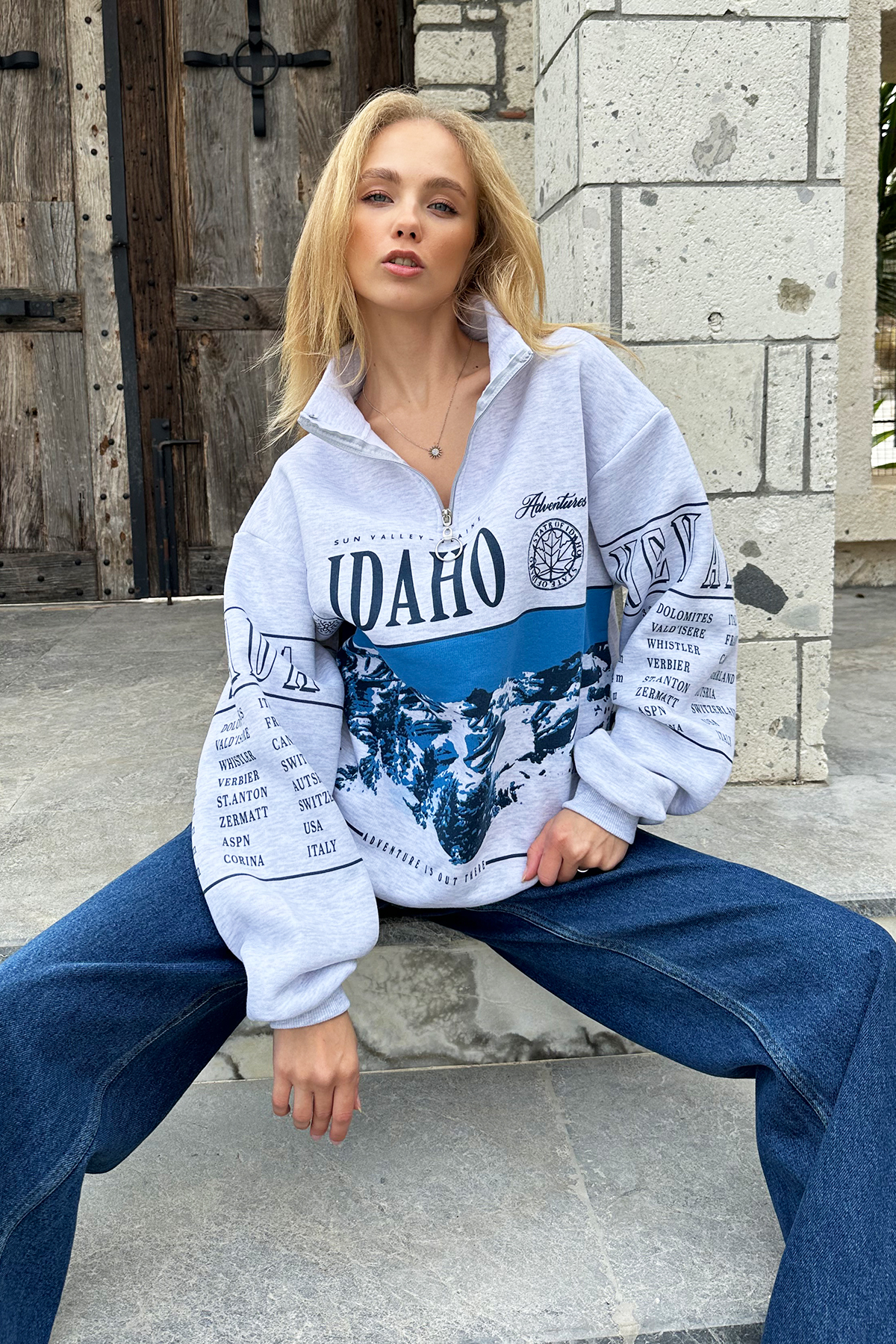 Önü Fermuarlı 3 İplik Baskılı Oversize Sweatshirt - Gri