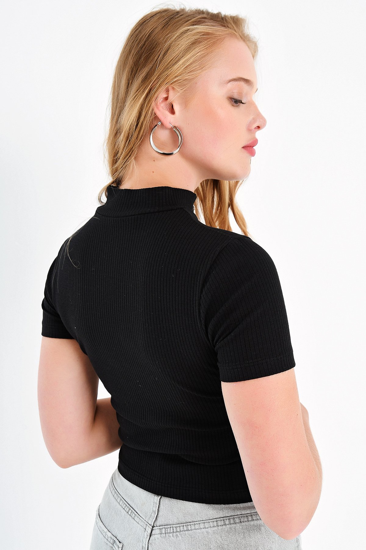 Önü Fermuarlı Crop Bluz - Siyah