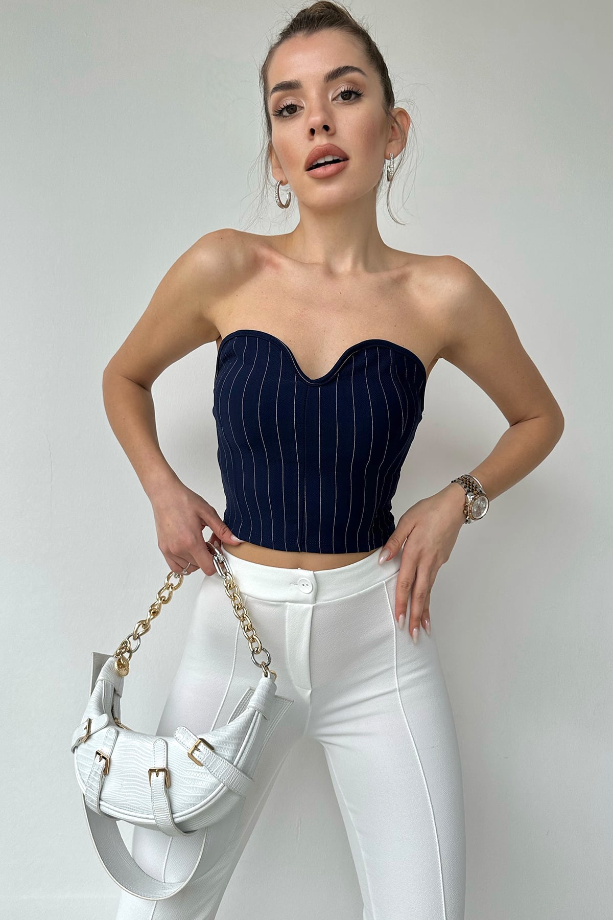 Öpücük Yaka Kontrast Dikişli Crop Büstiyer - LACİVERT