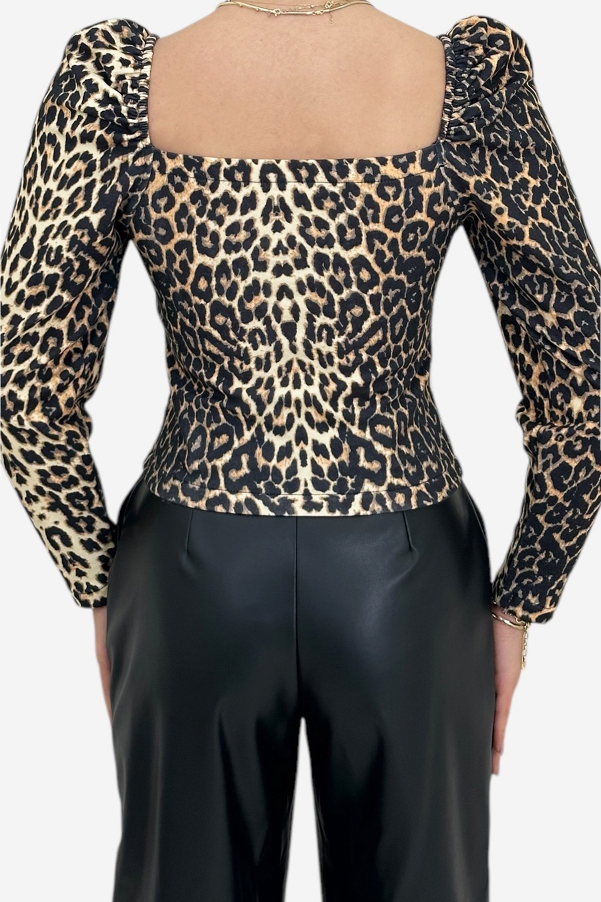 Öpücük Yaka Prenses Kol Yumuşak Dokulu Crop Desenli Bluz - Leopar