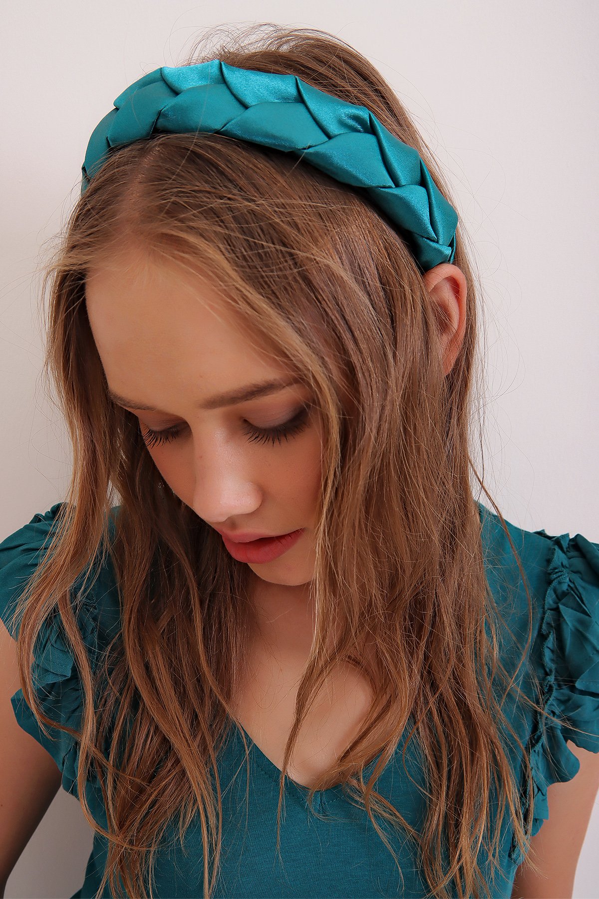 Örgülü Saten Taç - Petrol Yeşili