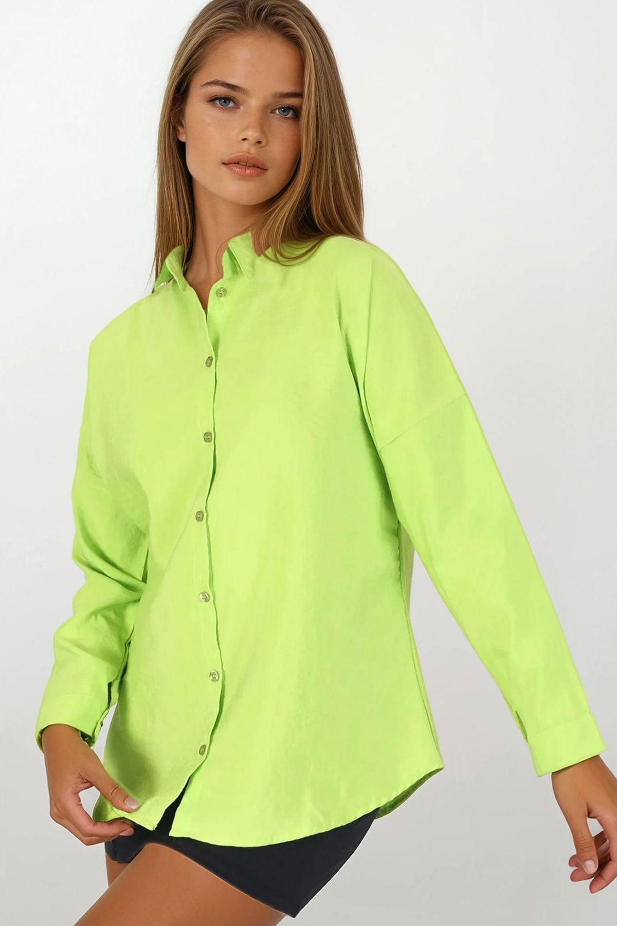 Oversize Basic Gömlek - Fıstık Yeşili