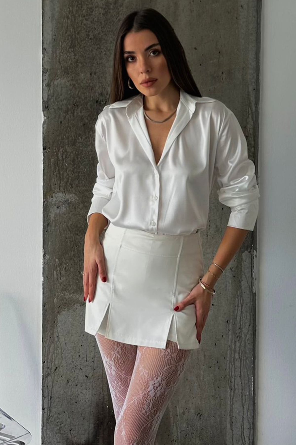 Oversize Basic Saten Gömlek - BEYAZ
