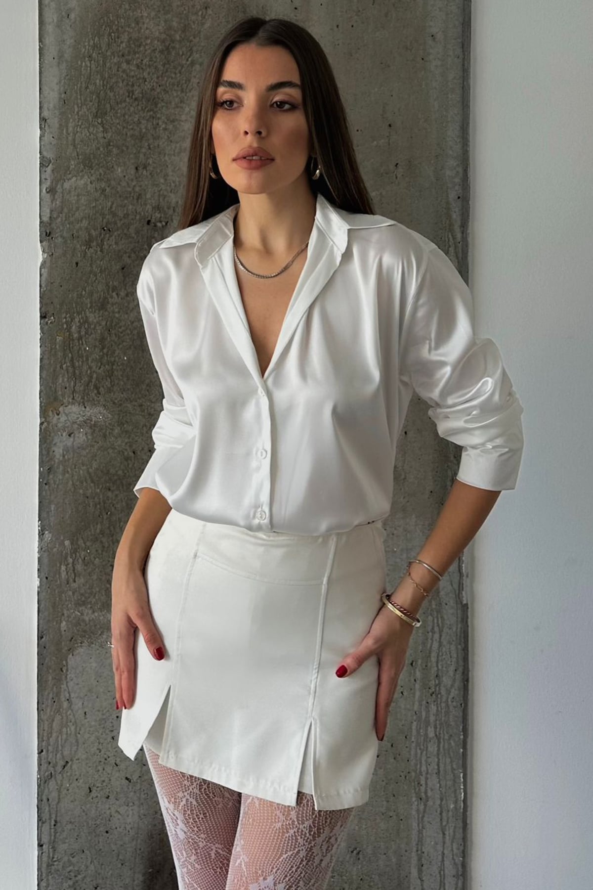 Oversize Basic Saten Gömlek - BEYAZ