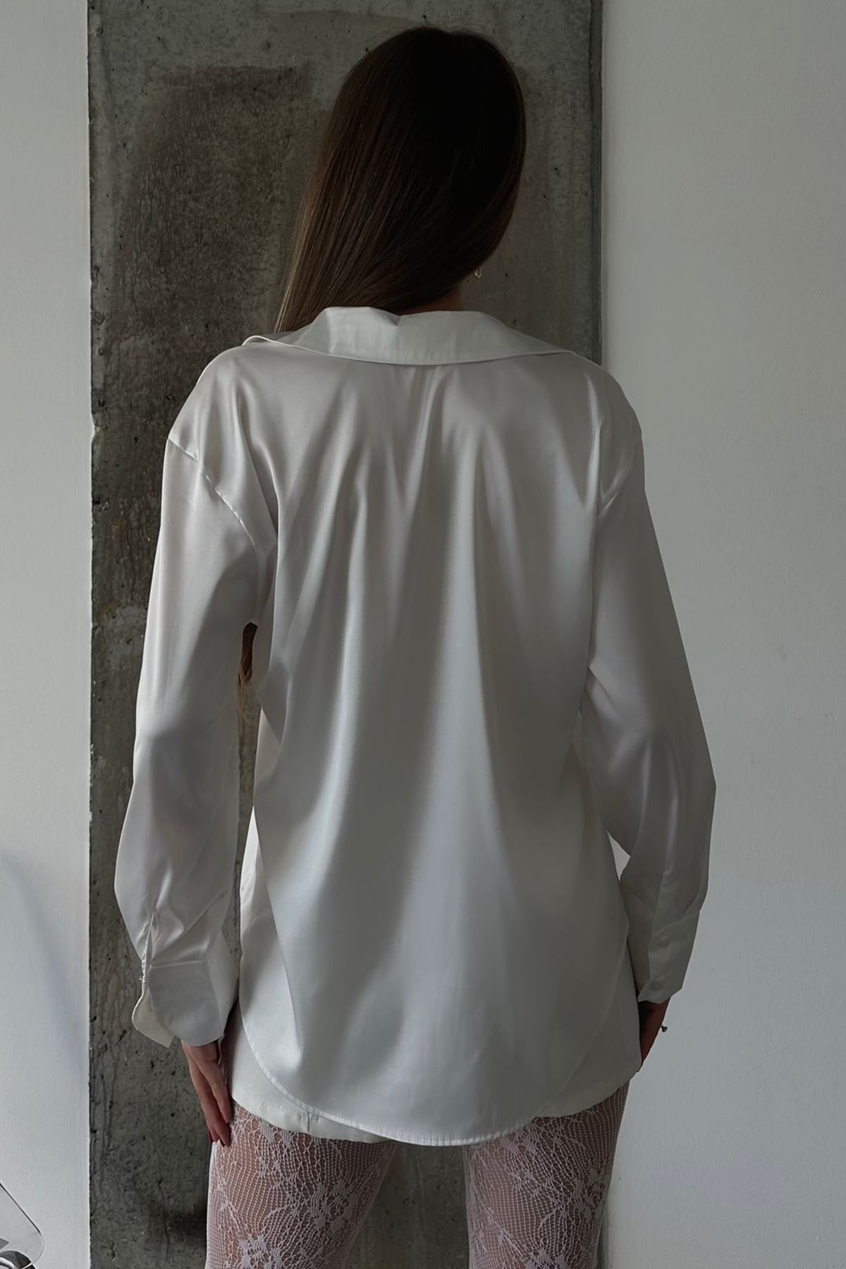 Oversize Basic Saten Gömlek - BEYAZ