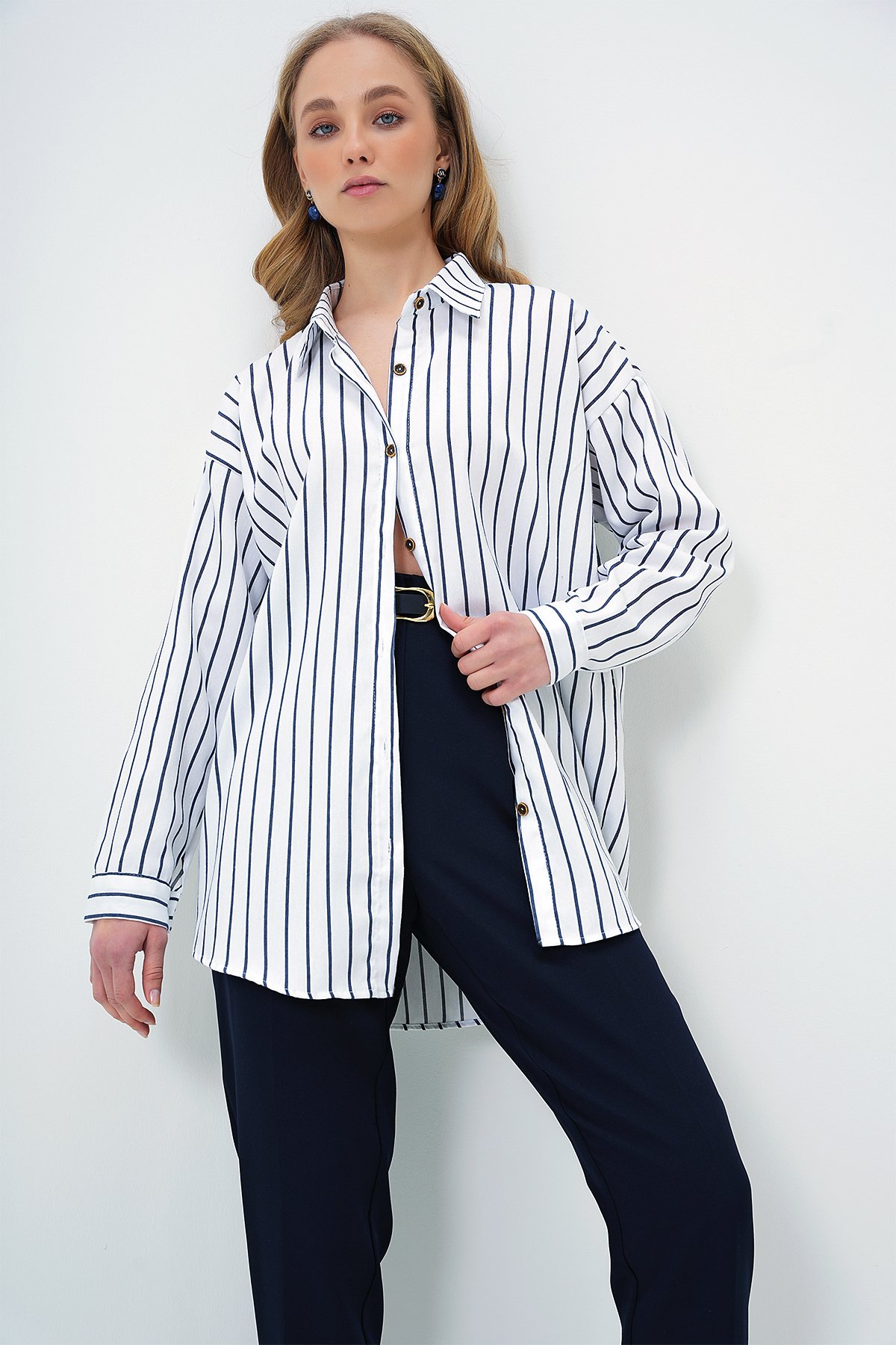 Oversize Keten Gömlek - BEYAZ ÇİZGİLİ