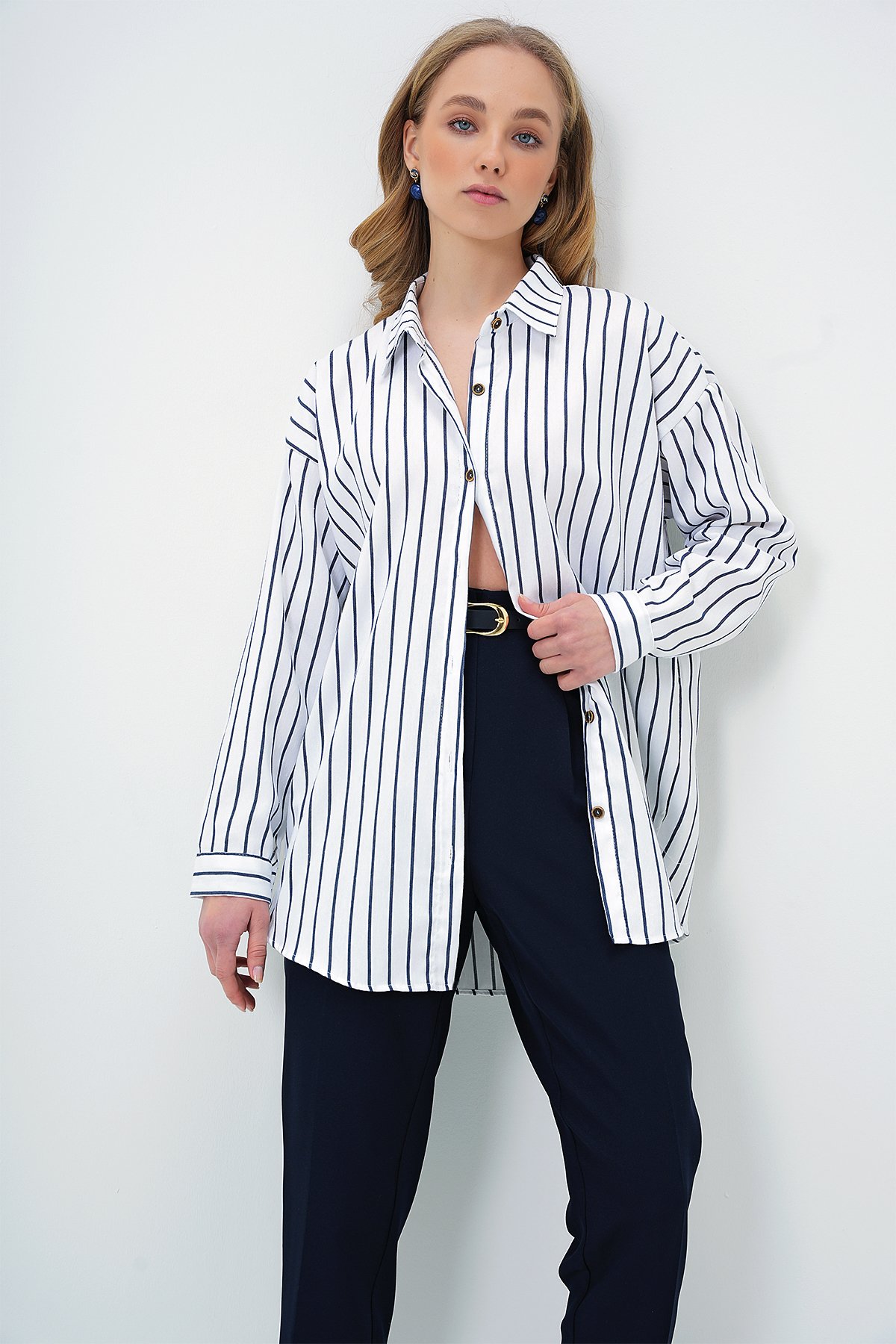 Oversize Keten Gömlek - BEYAZ ÇİZGİLİ