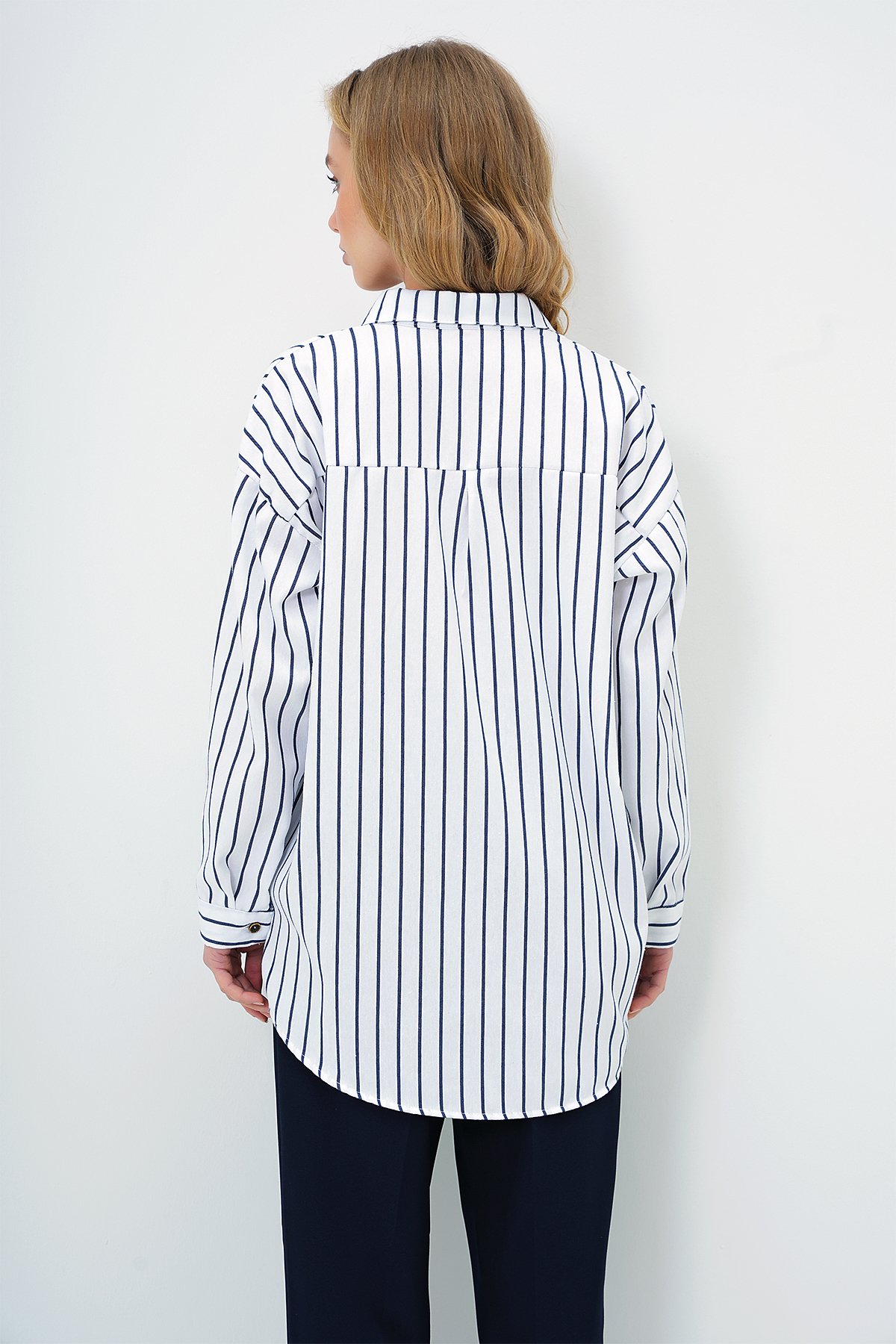 Oversize Keten Gömlek - BEYAZ ÇİZGİLİ