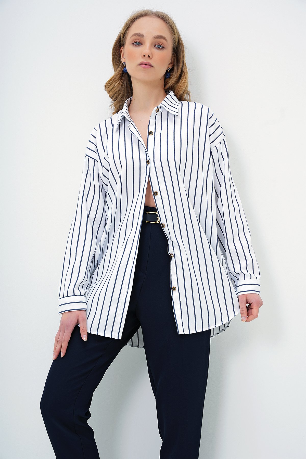 Oversize Keten Gömlek - BEYAZ ÇİZGİLİ