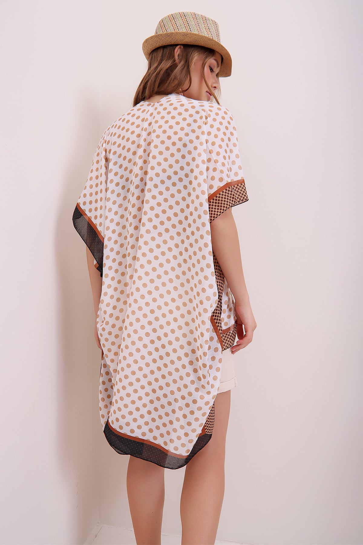 Oversize Pamuklu Desenli Kimono - Bisküvi