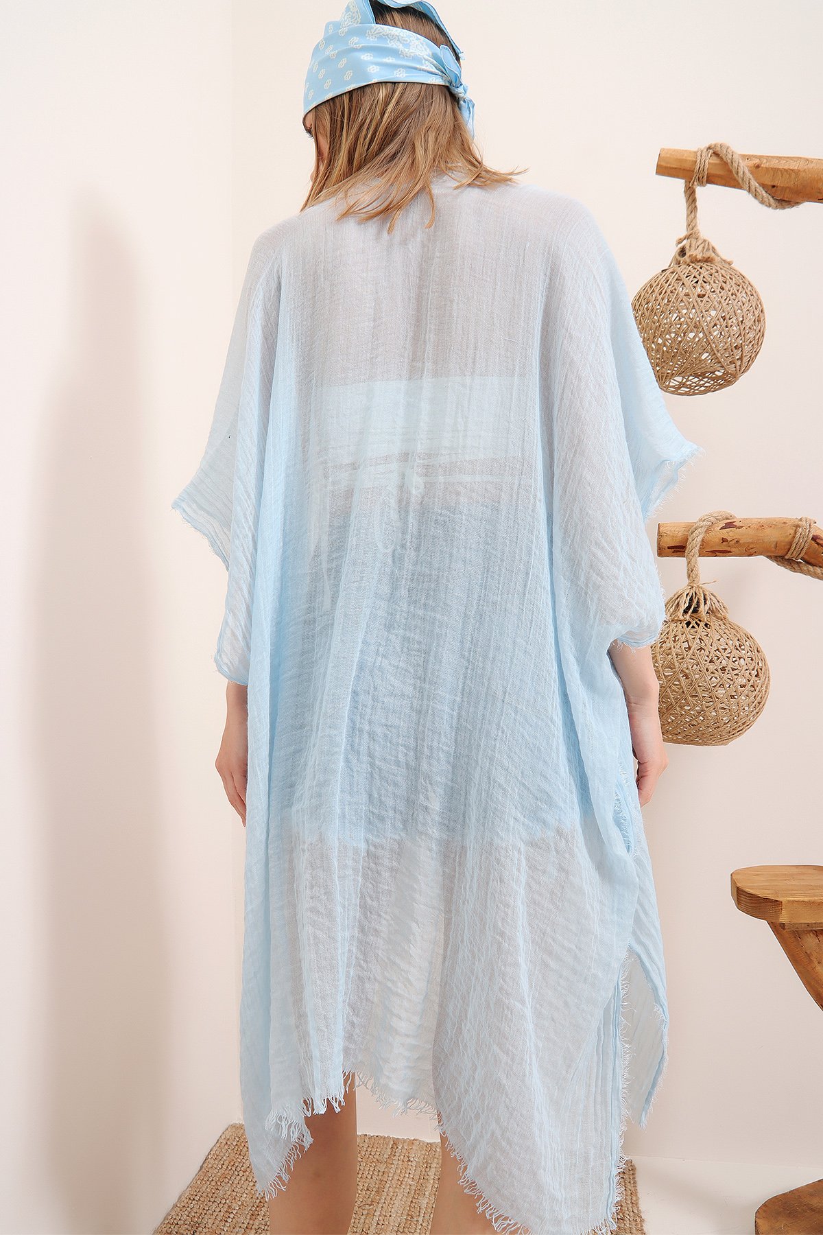 Oversize Pamuklu Kimono - Açık Mavi