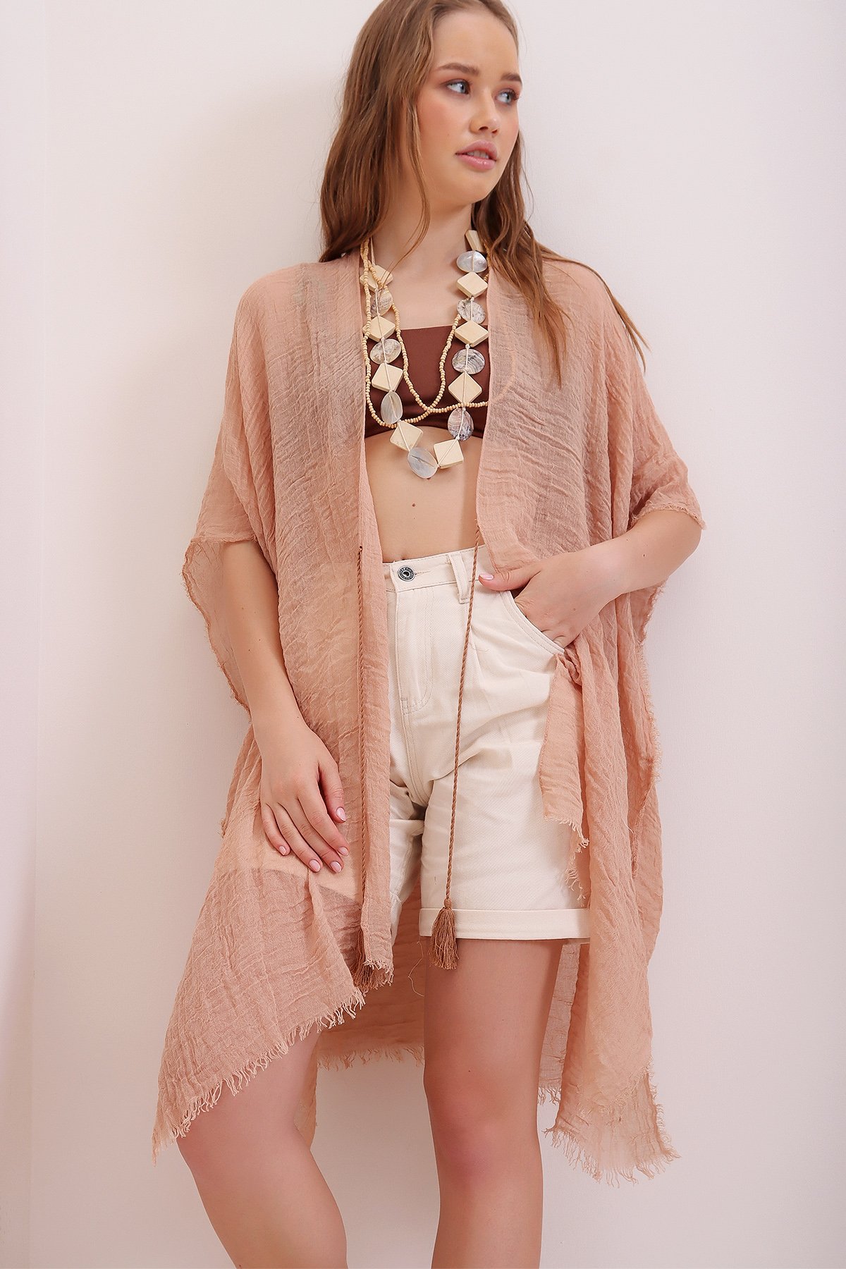 Oversize Pamuklu Kimono - Bisküvi