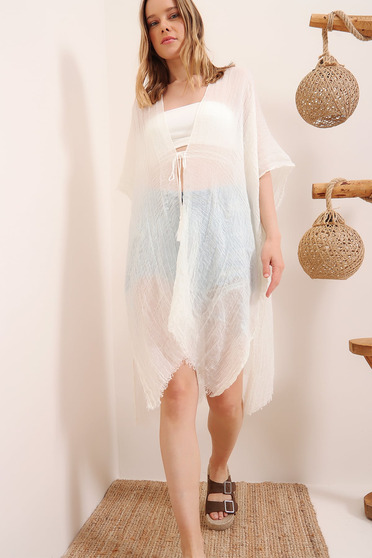 Oversize Pamuklu Kimono - Ekru