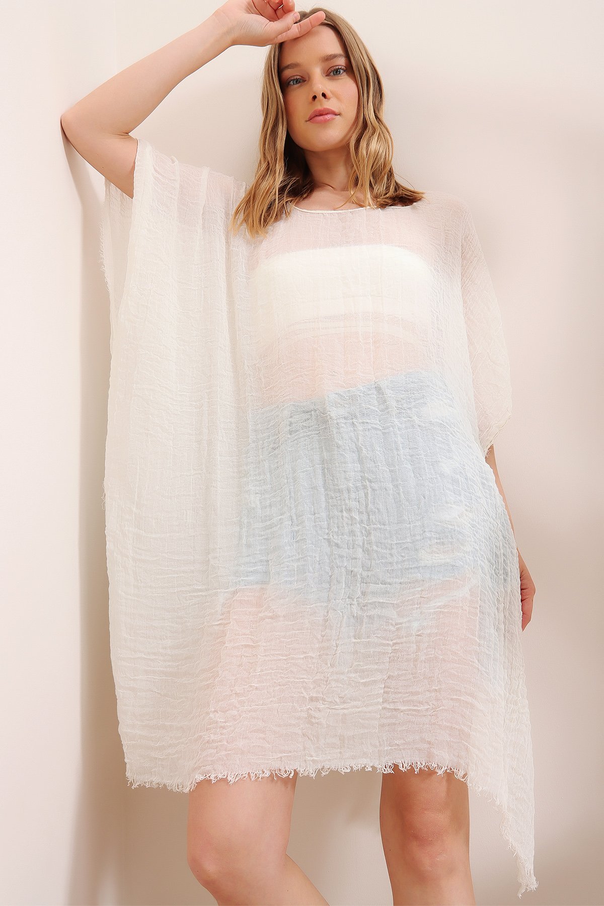 Oversize Pamuklu Kimono - Ekru