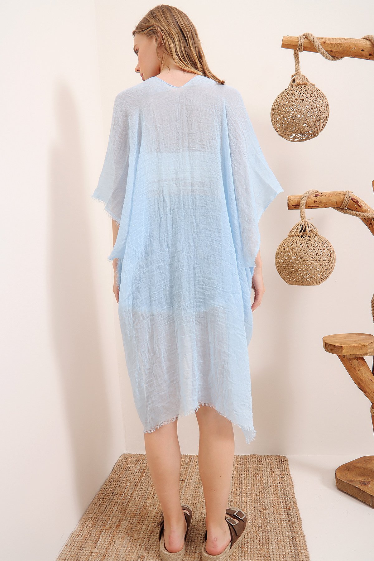 Oversize Pamuklu Kimono - Mavi