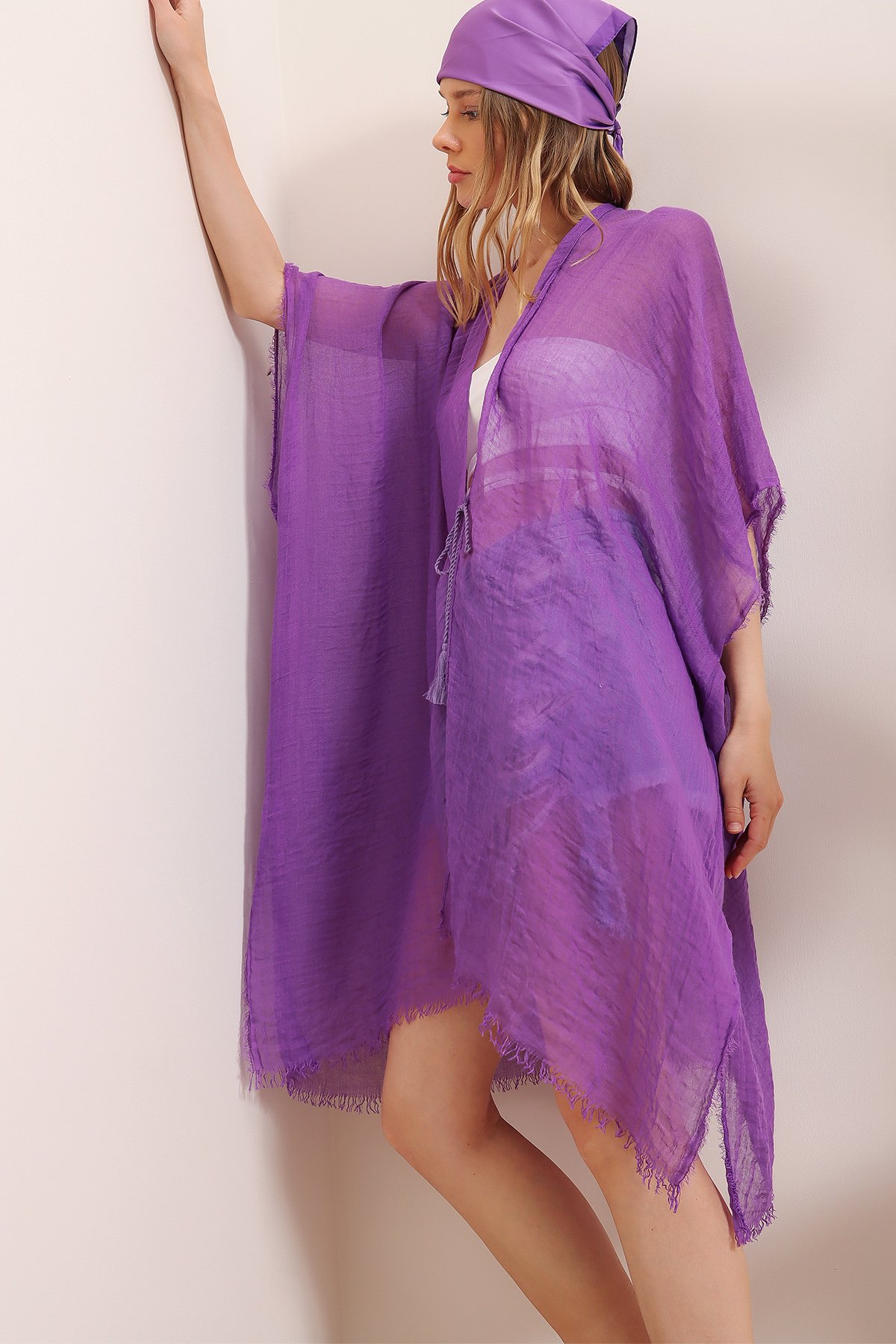 Oversize Pamuklu Kimono - Mor