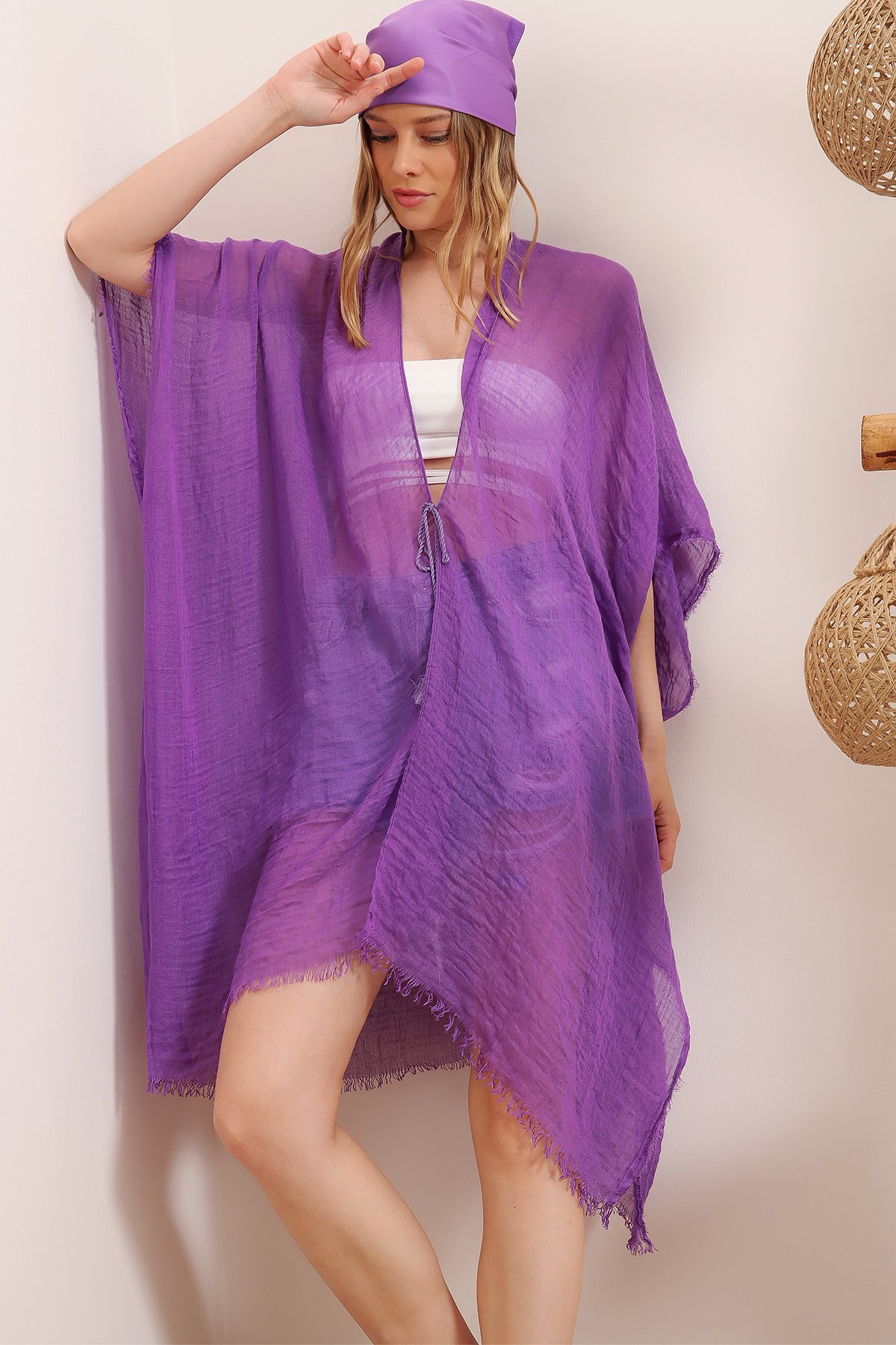Oversize Pamuklu Kimono - Mor