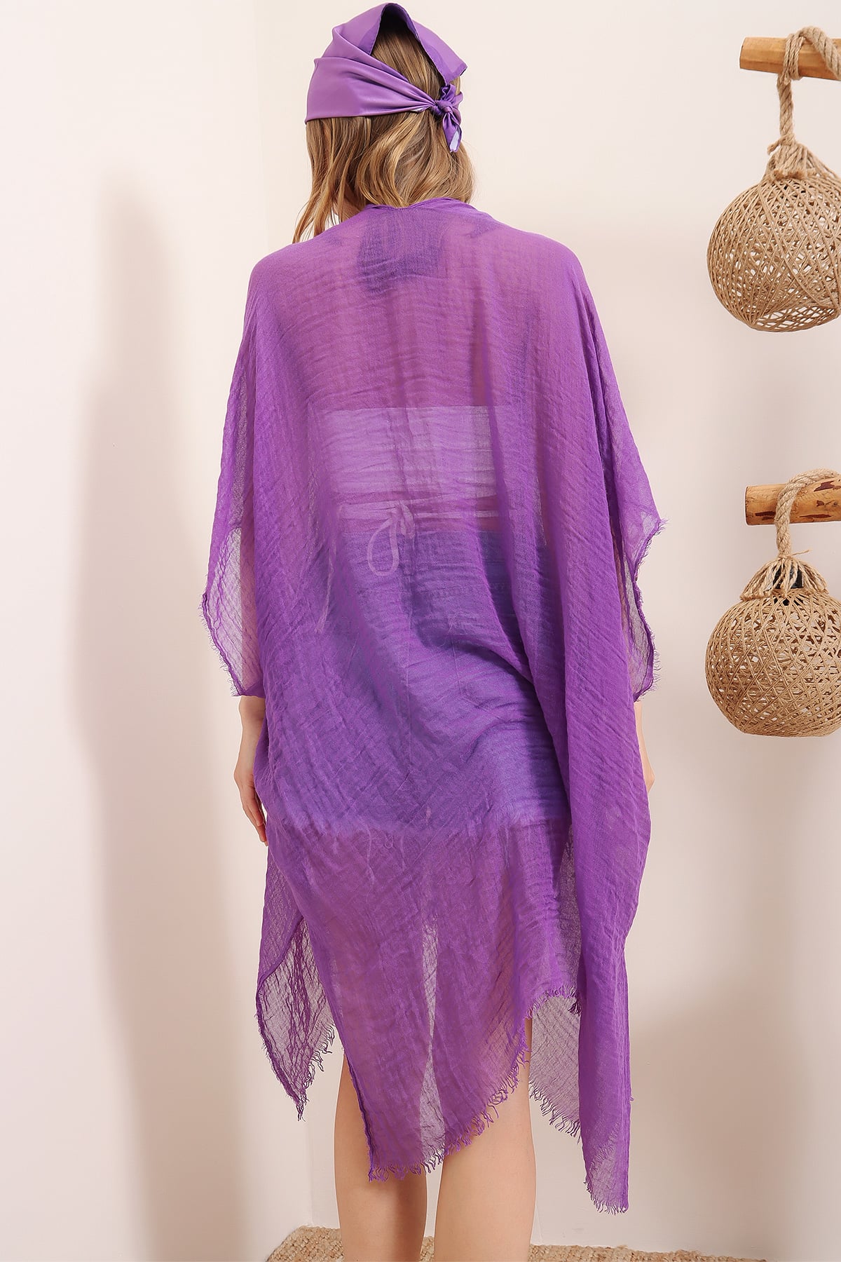 Oversize Pamuklu Kimono - Mor