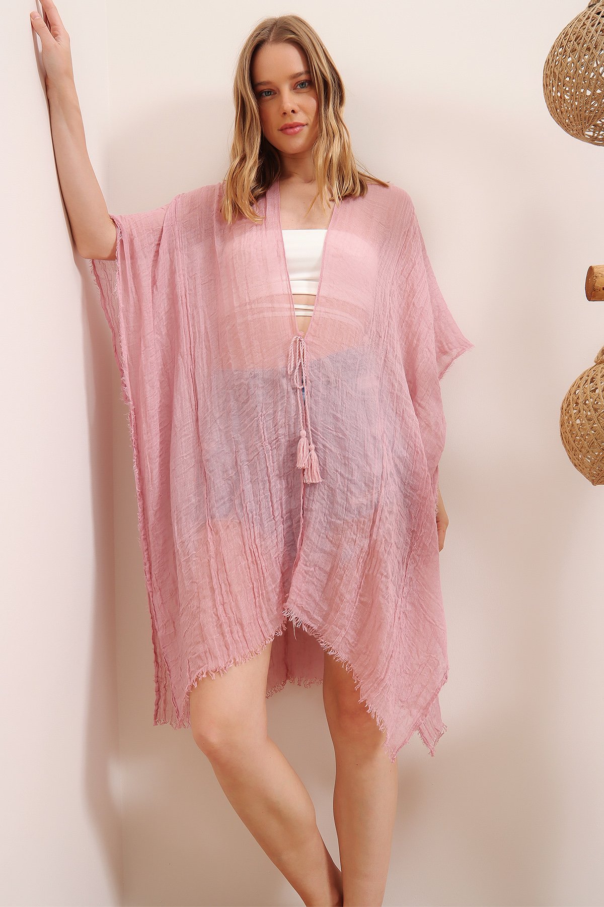 Oversize Pamuklu Kimono - Pudra