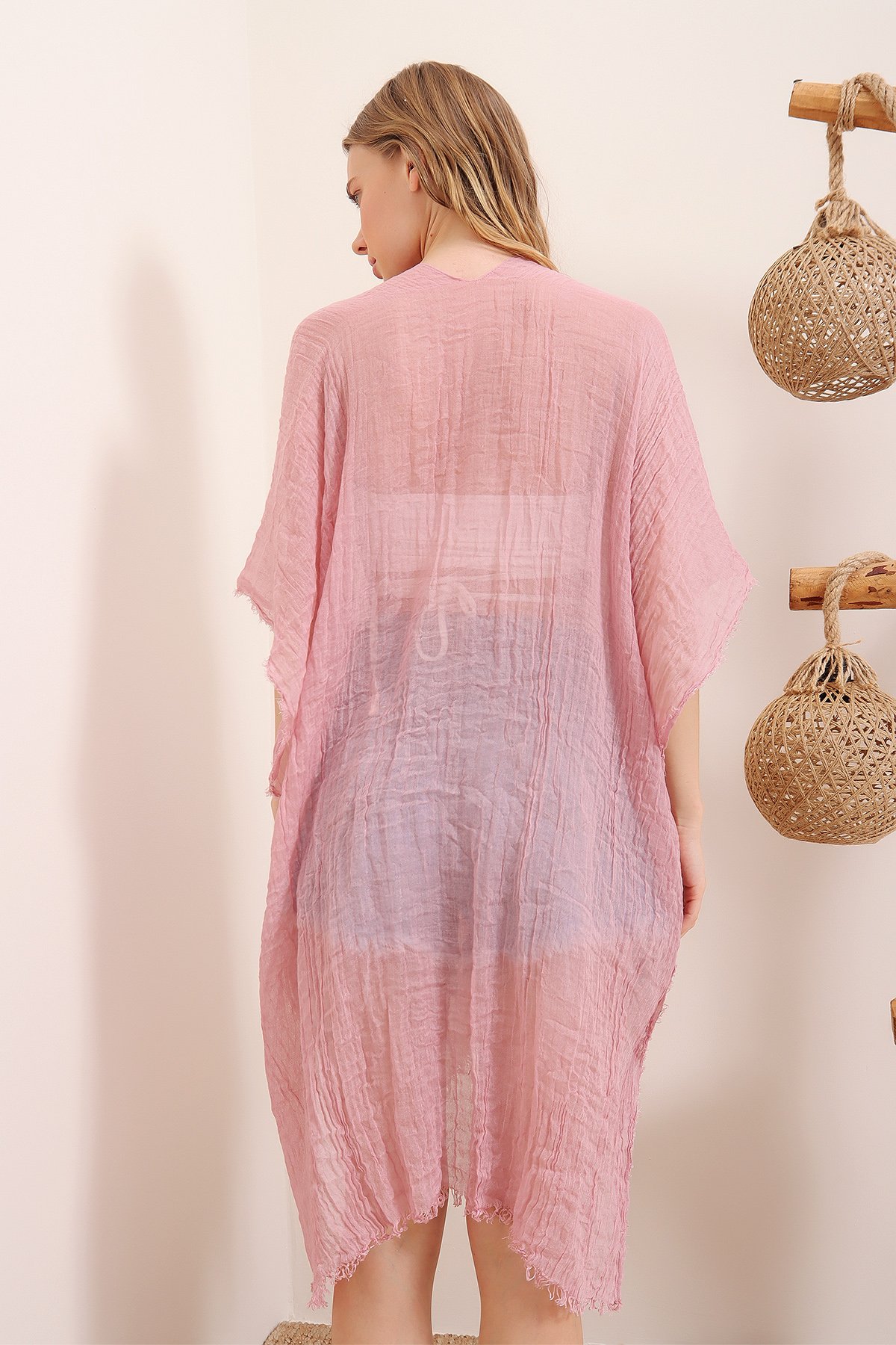 Oversize Pamuklu Kimono - Pudra