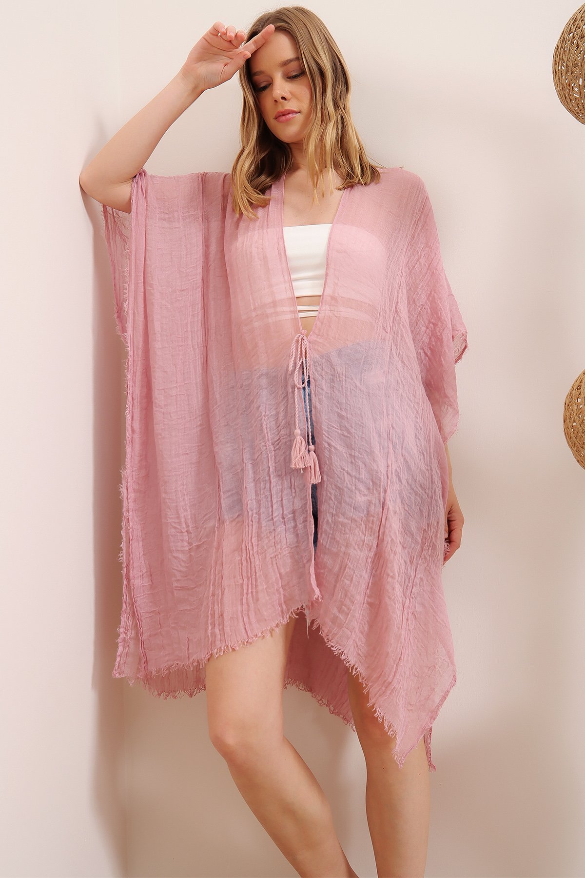 Oversize Pamuklu Kimono - Pudra