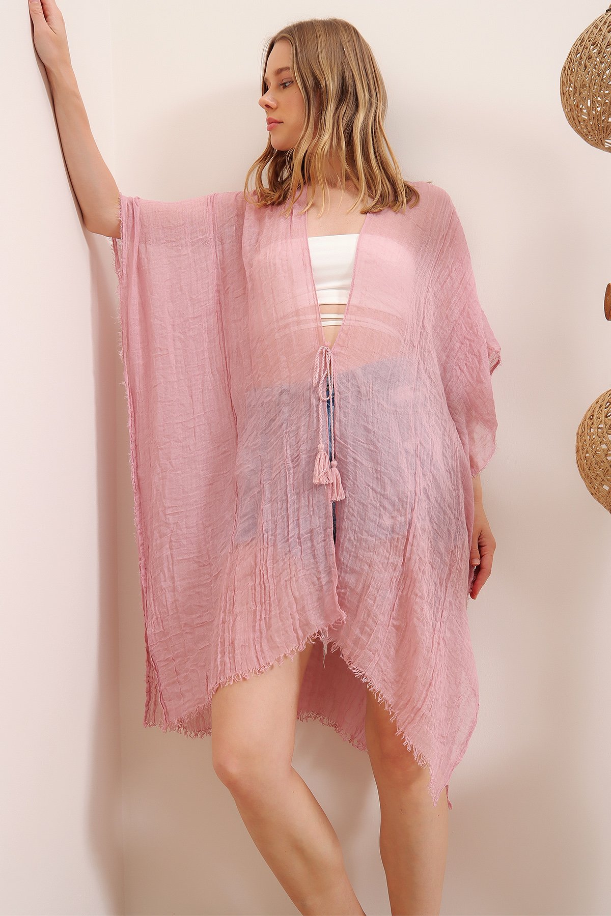 Oversize Pamuklu Kimono - Pudra