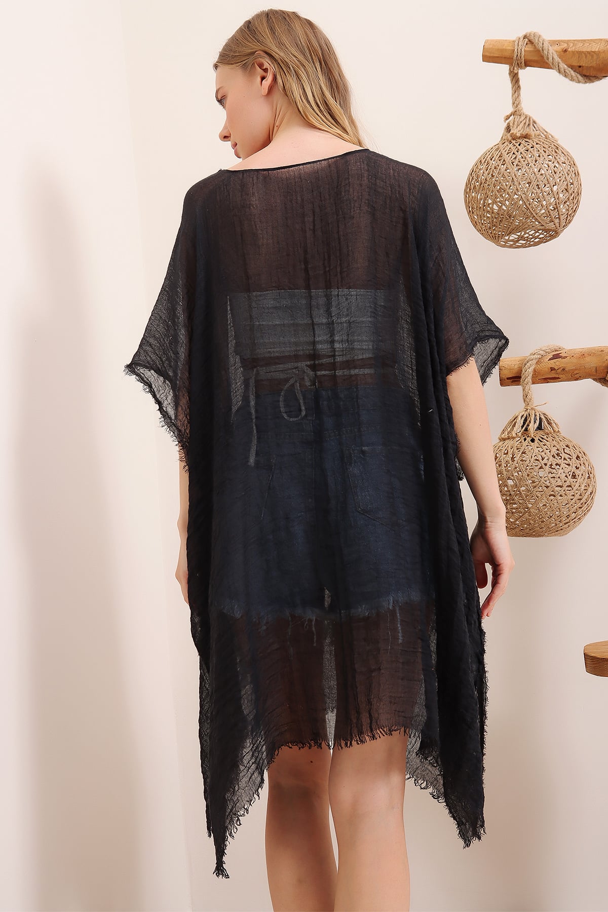 Oversize Pamuklu Kimono - Siyah