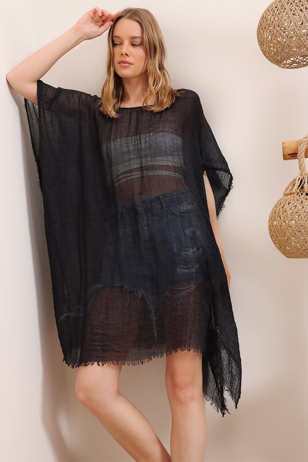 Oversize Pamuklu Kimono - Siyah