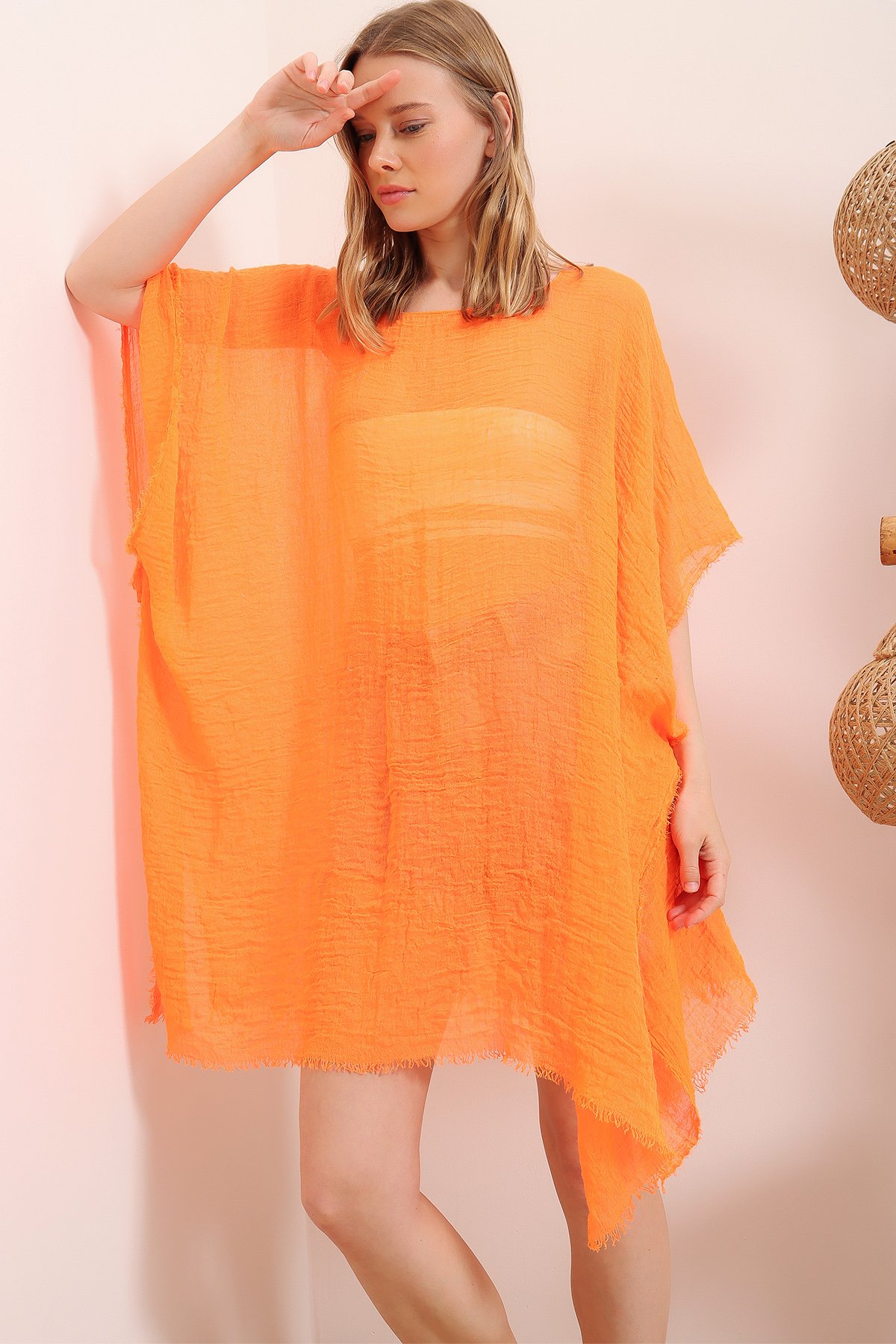 Oversize Pamuklu Kimono - Turuncu