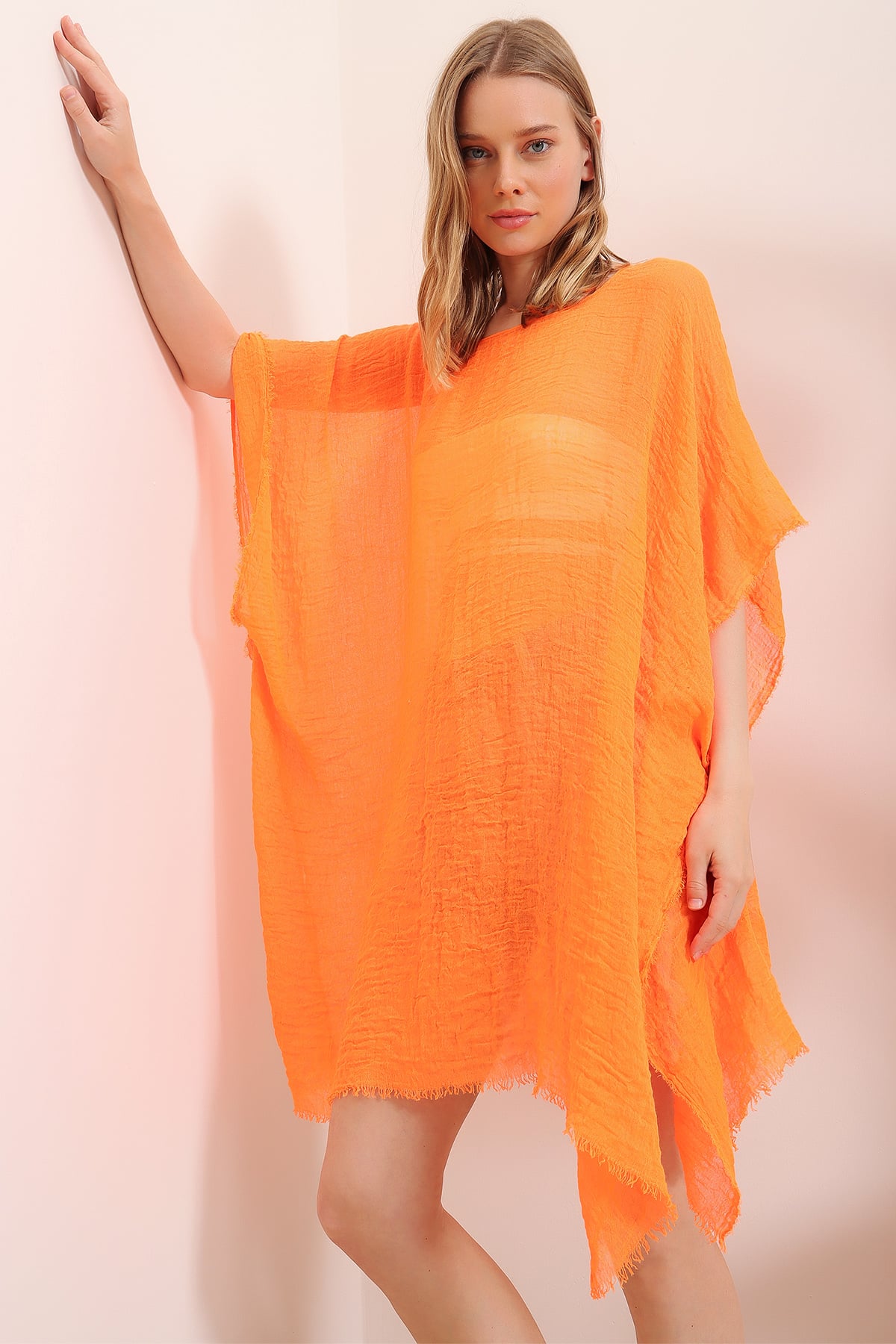 Oversize Pamuklu Kimono - Turuncu