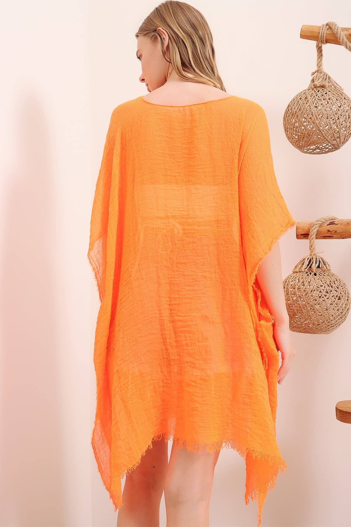 Oversize Pamuklu Kimono - Turuncu
