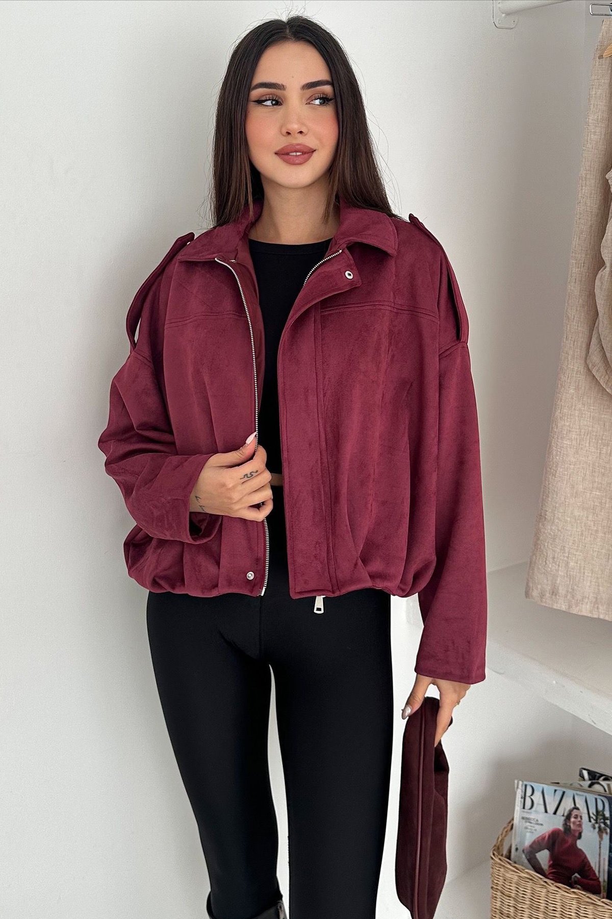 Oversize Süet Fermuarlı Ceket - BORDO