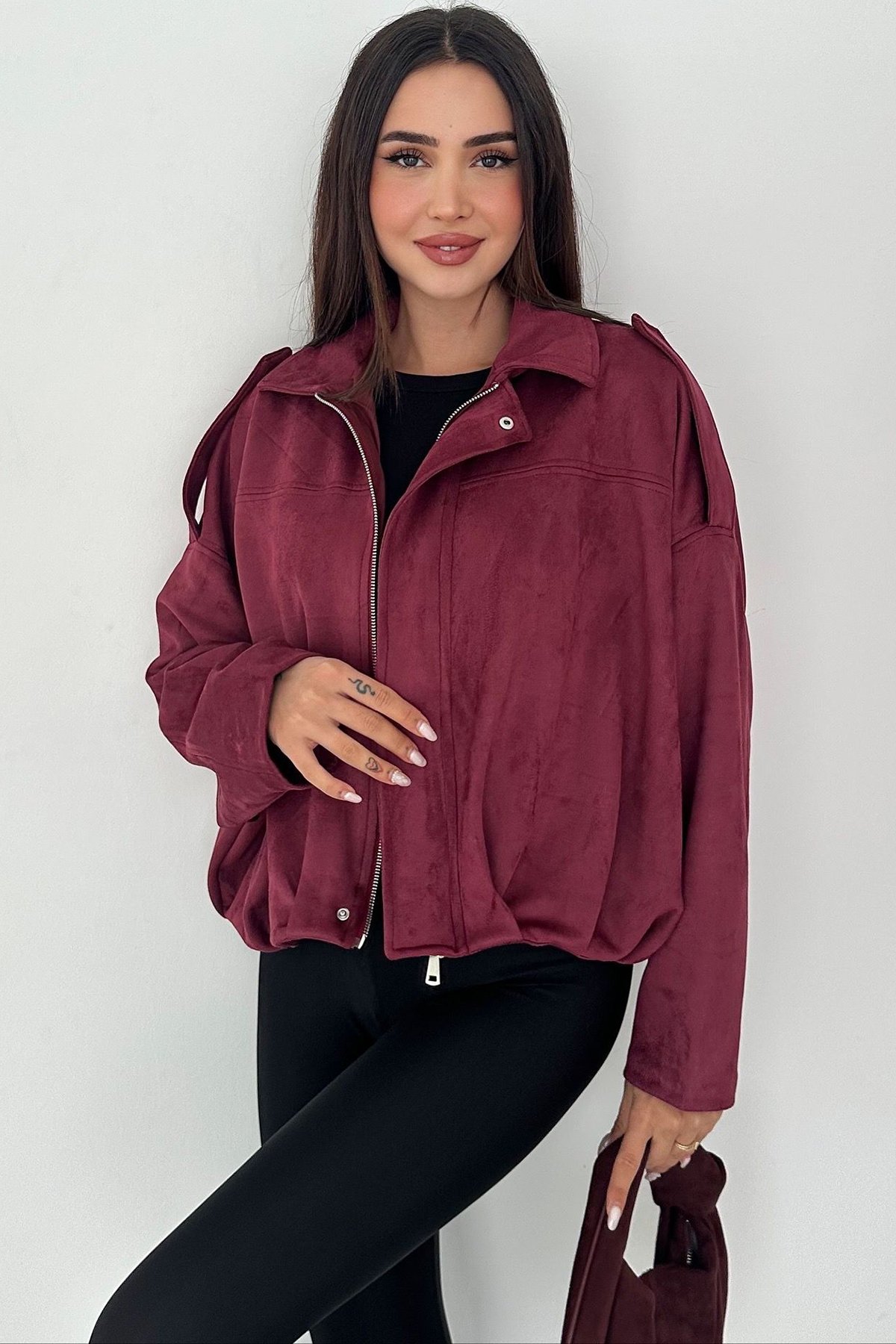 Oversize Süet Fermuarlı Ceket - BORDO