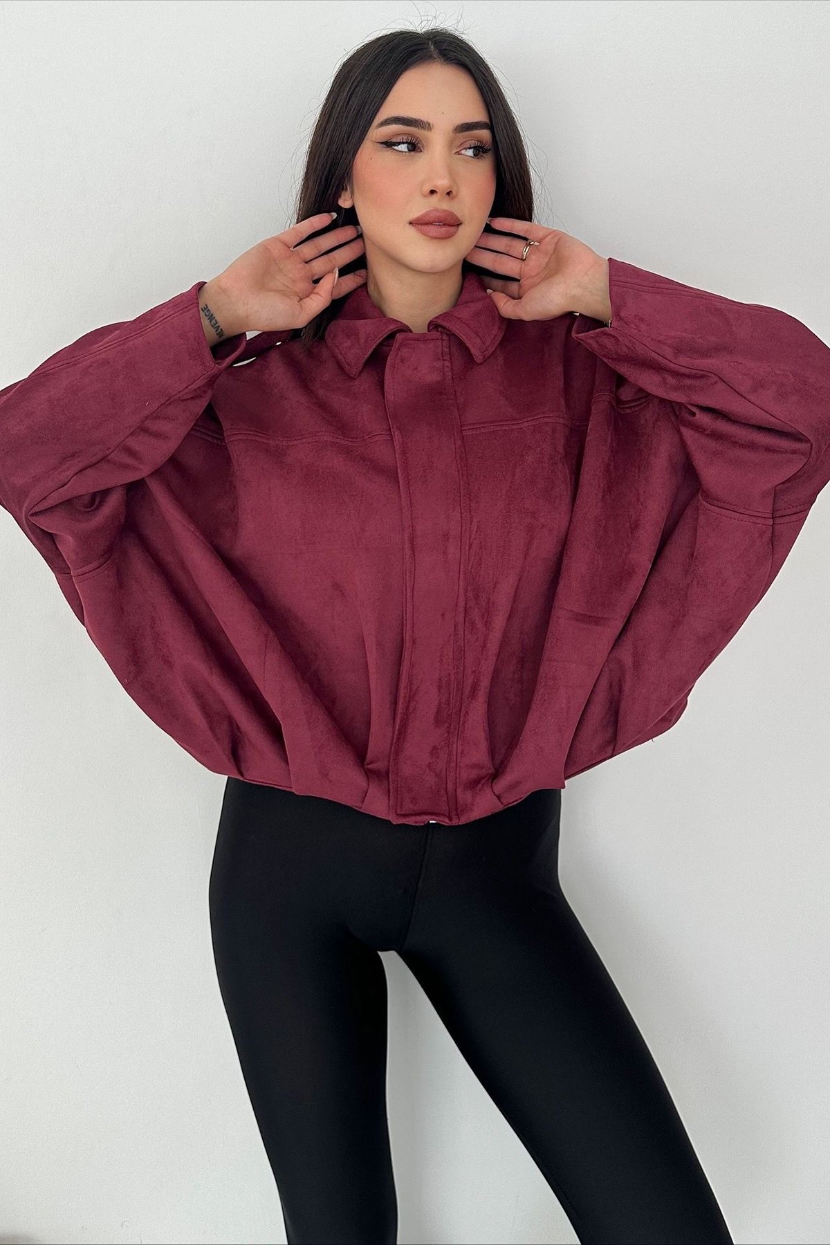 Oversize Süet Fermuarlı Ceket - BORDO
