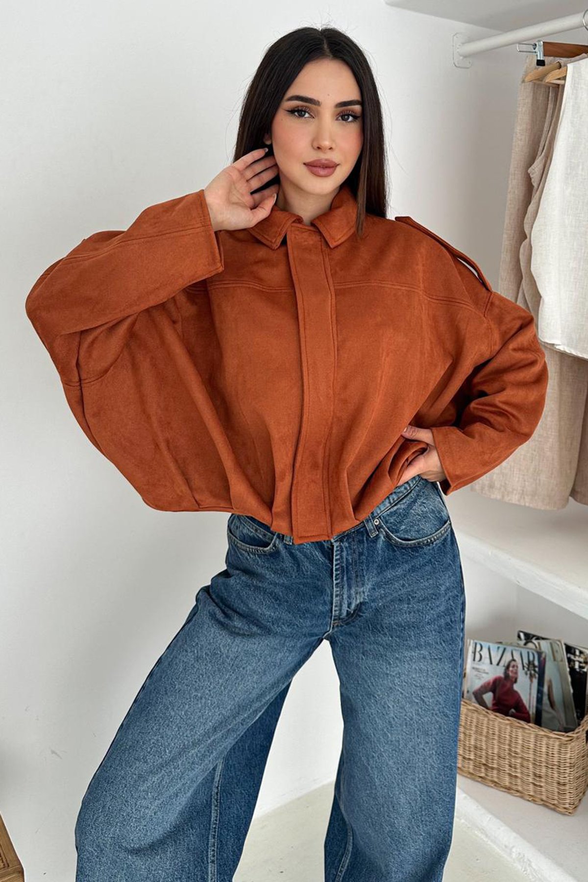 Oversize Süet Fermuarlı Ceket - HARDAL