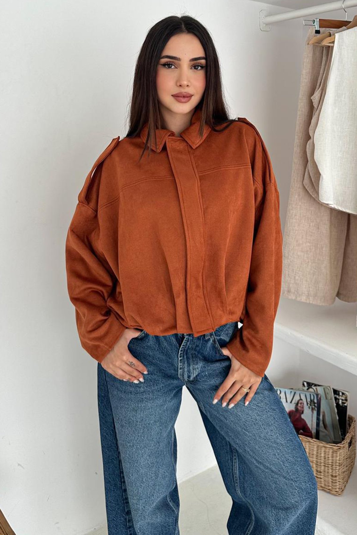 Oversize Süet Fermuarlı Ceket - HARDAL