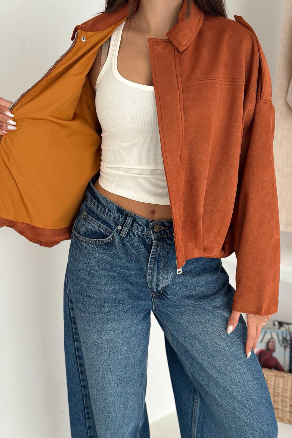 Oversize Süet Fermuarlı Ceket - HARDAL