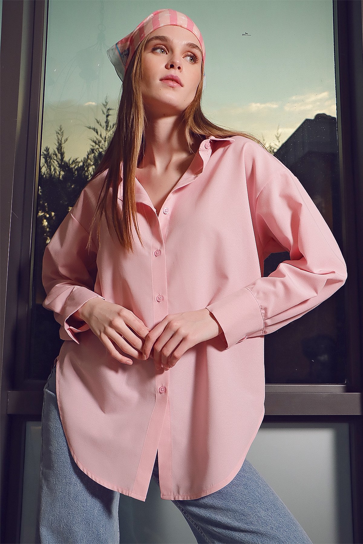 Oversize Uzun Dokuma Gömlek - Açık Pembe