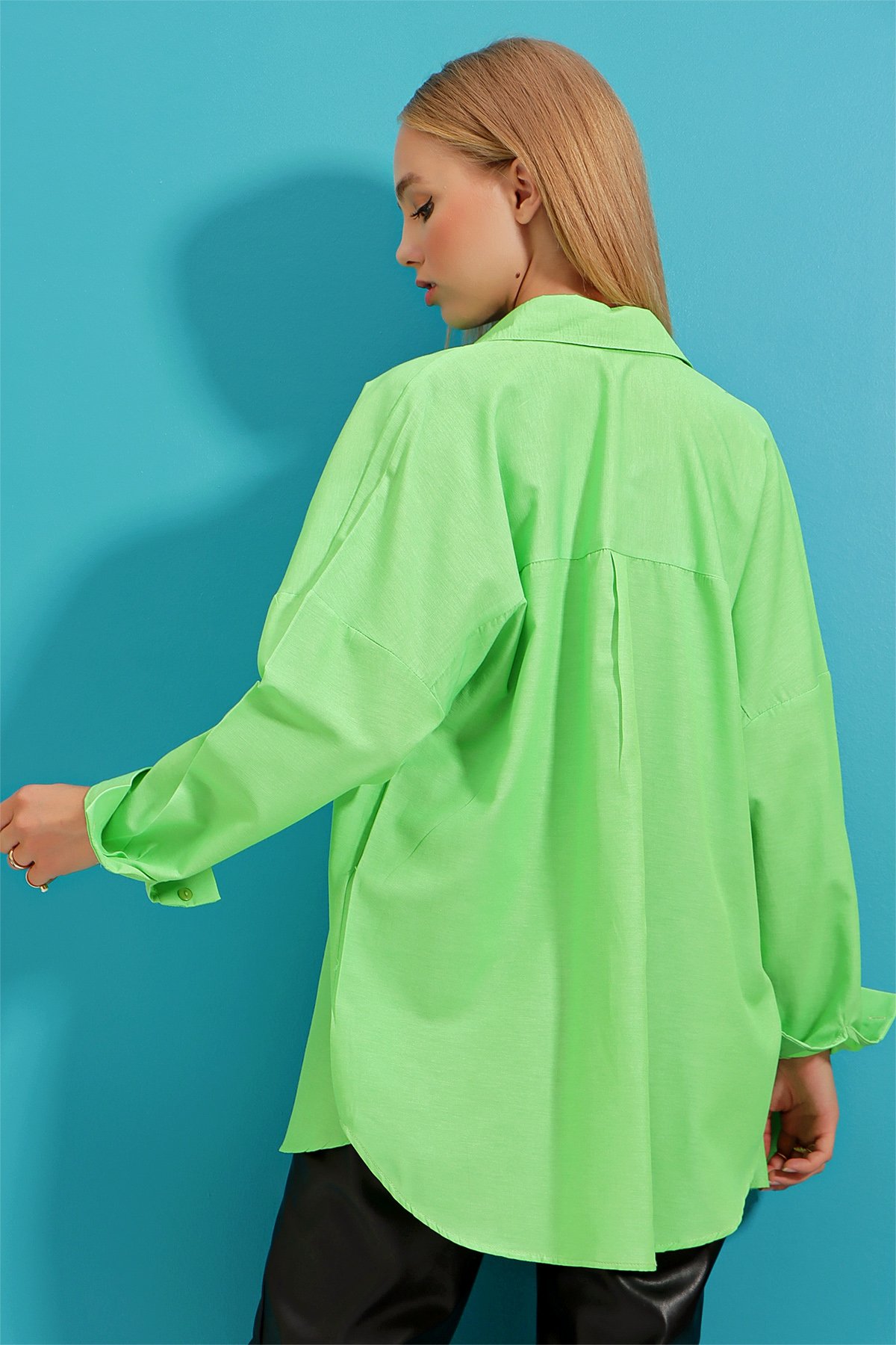 Oversize Uzun Dokuma Gömlek - Açık Yeşil