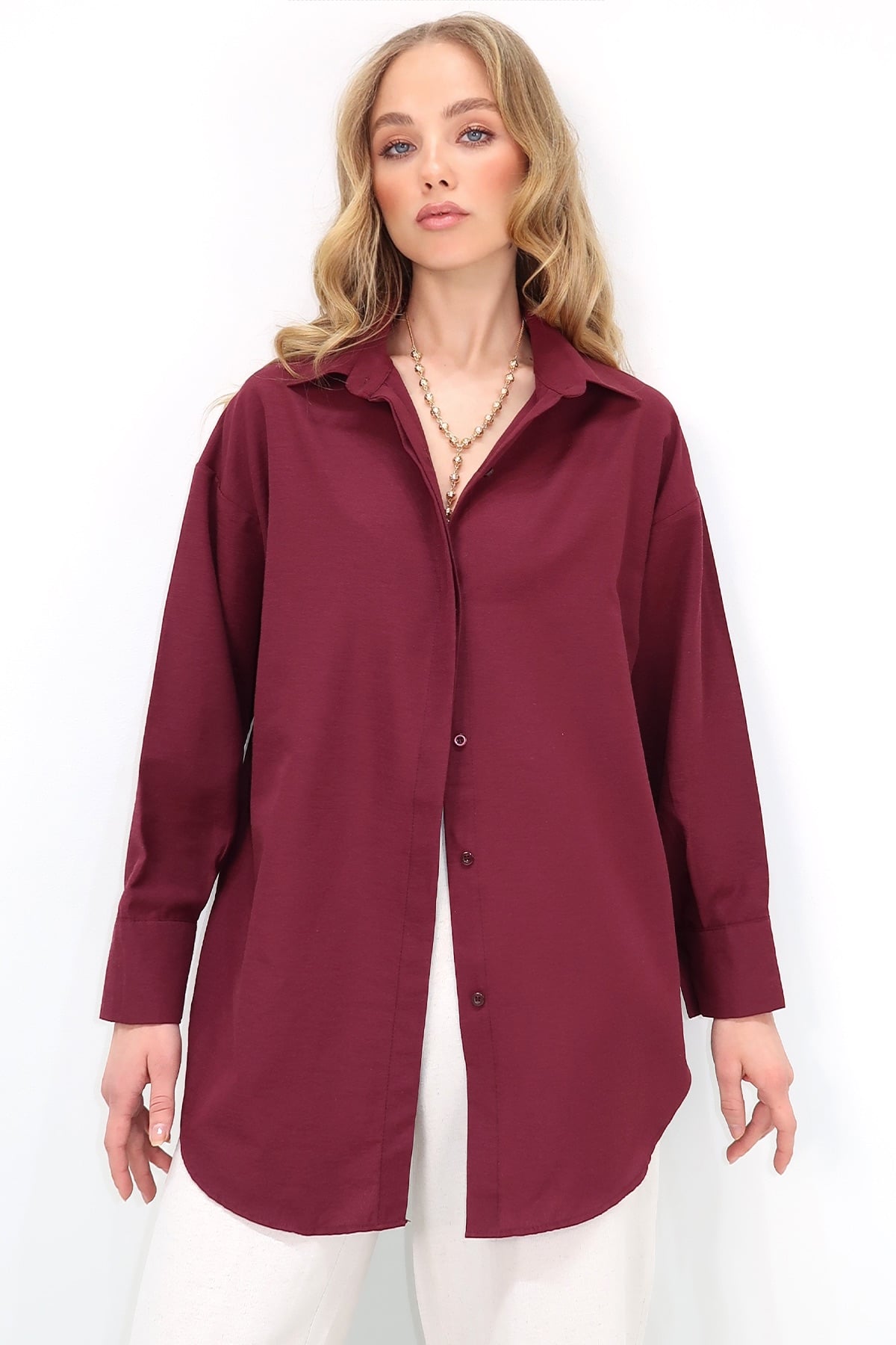 Oversize Uzun Dokuma Gömlek - BORDO