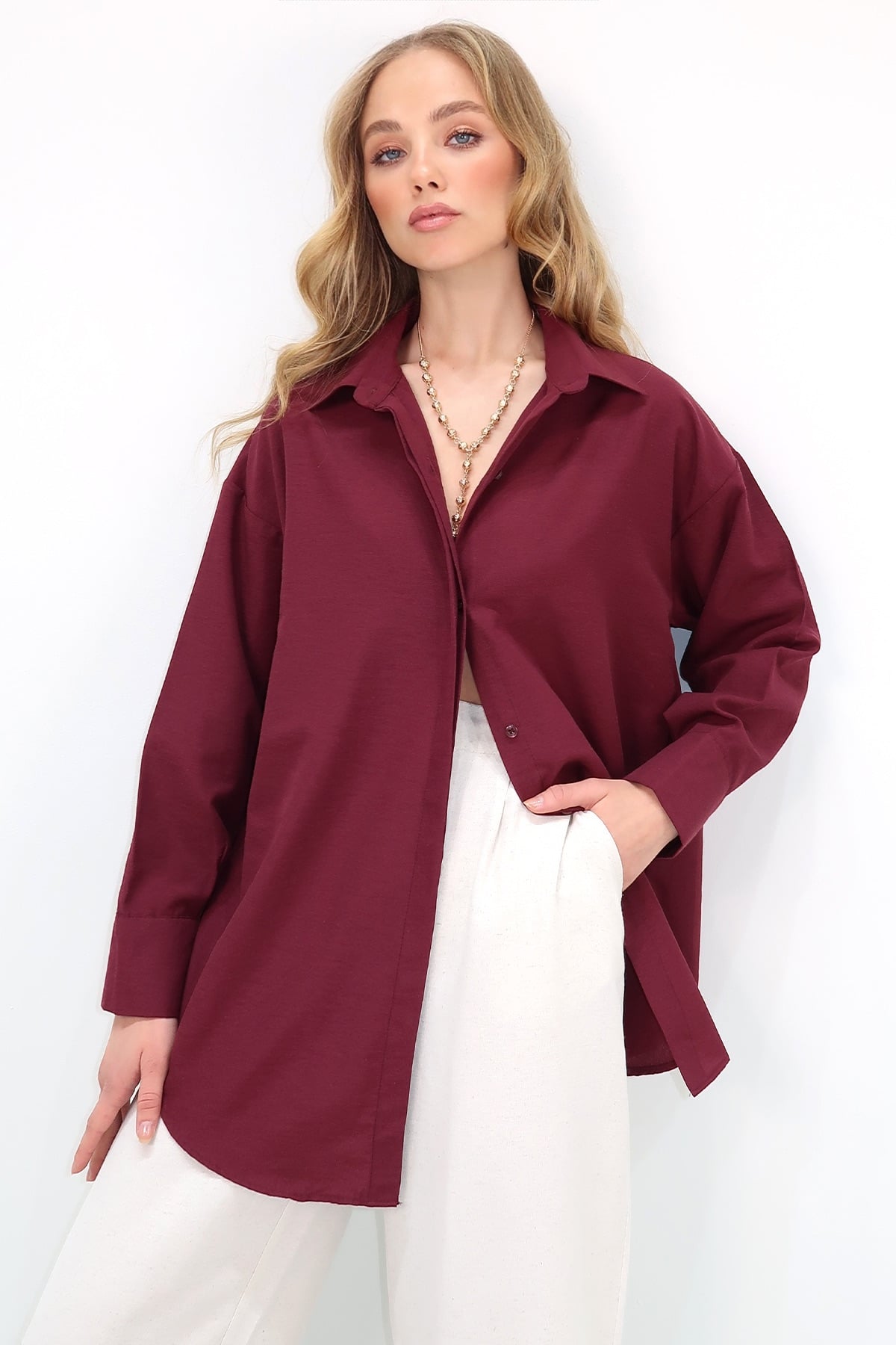 Oversize Uzun Dokuma Gömlek - BORDO