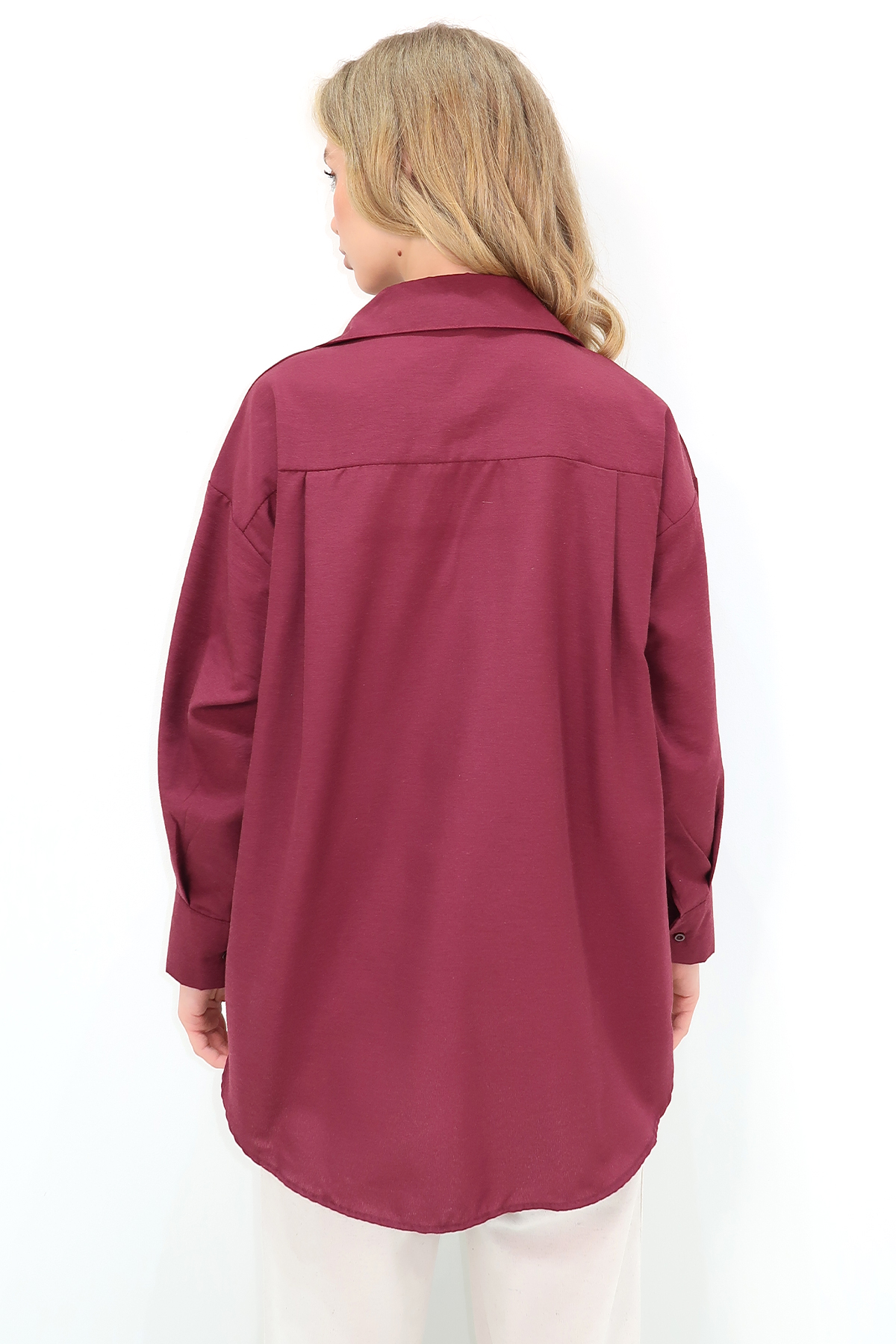 Oversize Uzun Dokuma Gömlek - BORDO