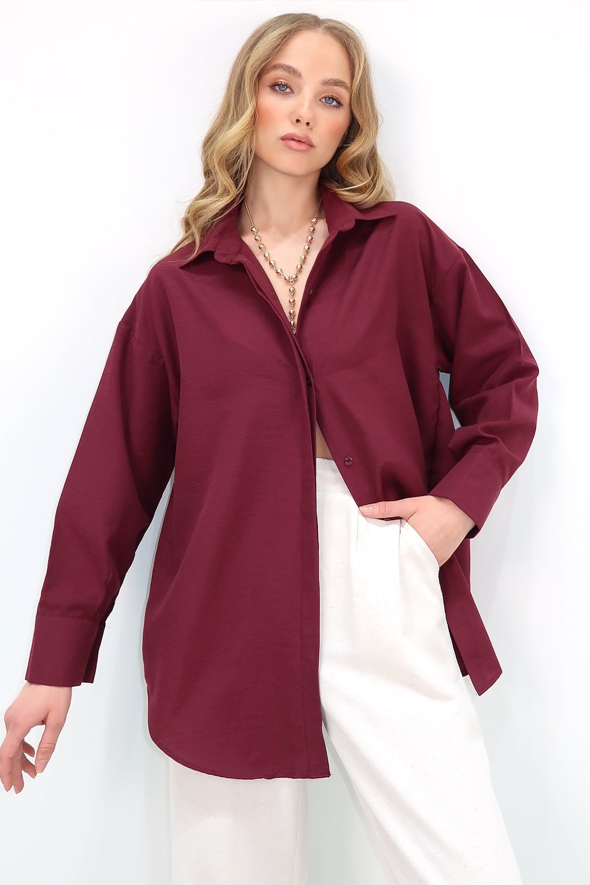 Oversize Uzun Dokuma Gömlek - BORDO