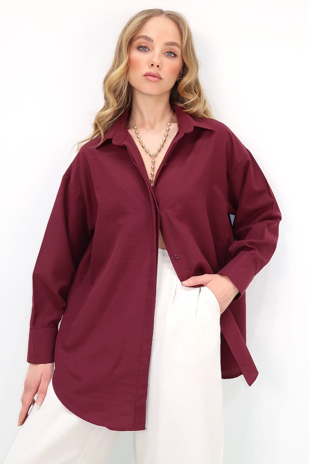 Oversize Uzun Dokuma Gömlek - BORDO